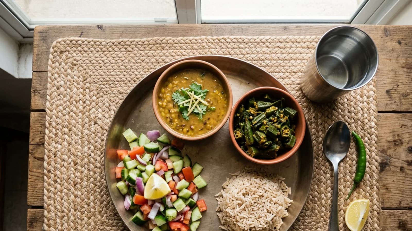 A balanced Pakistani thali plate with daal, sabzi, salad and a small portion of rice on a woven mat