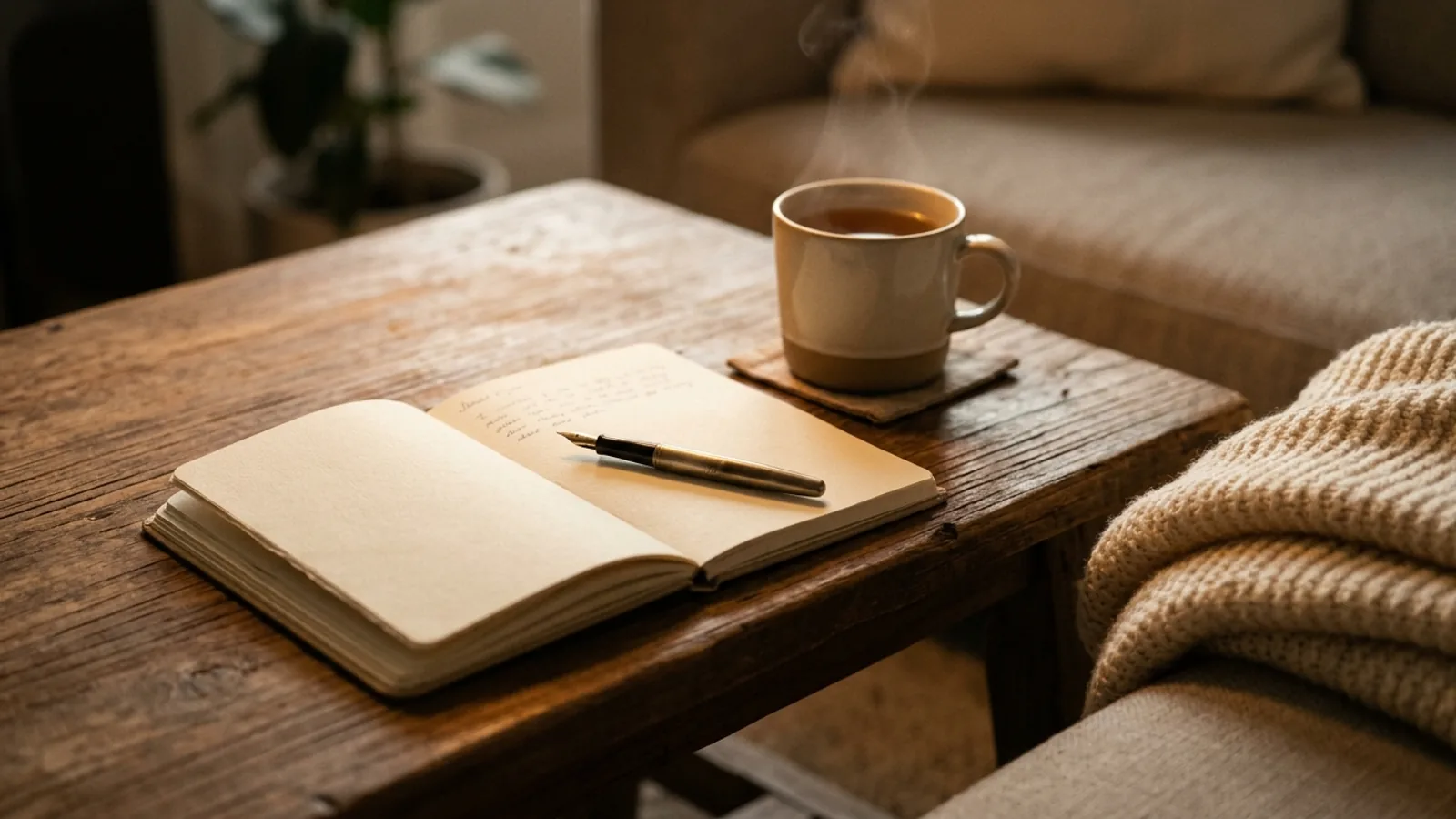 A journal and cup of tea on a table, set aside instead of a snack, in a calm evening setting