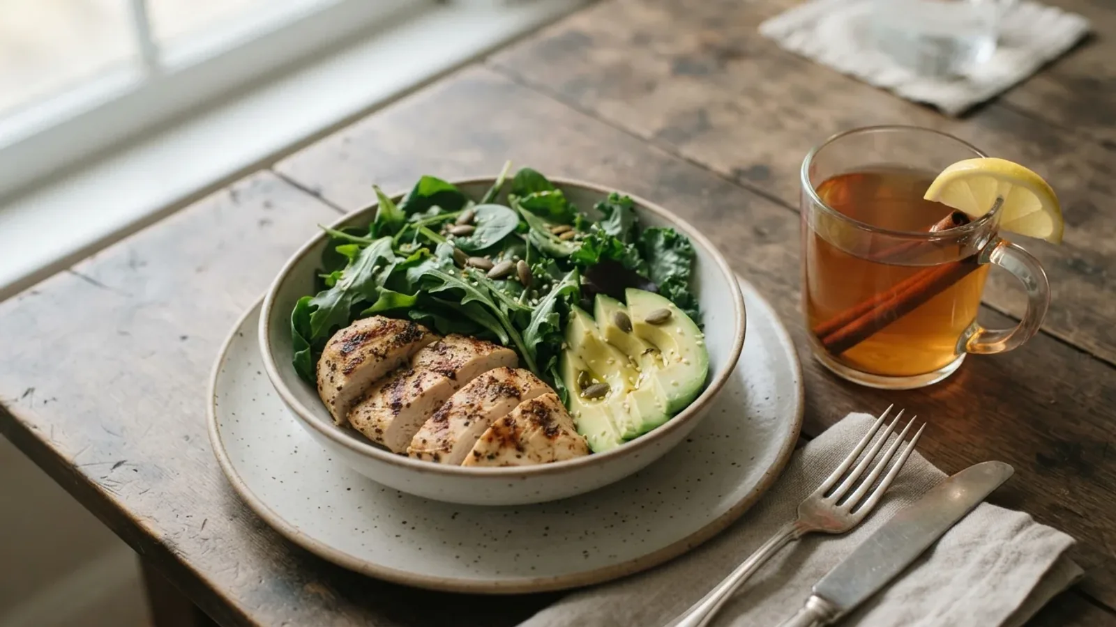 A plated low-carb meal with grilled protein and greens beside a glass mug of cinnamon tea with a cinnamon stick and lemon