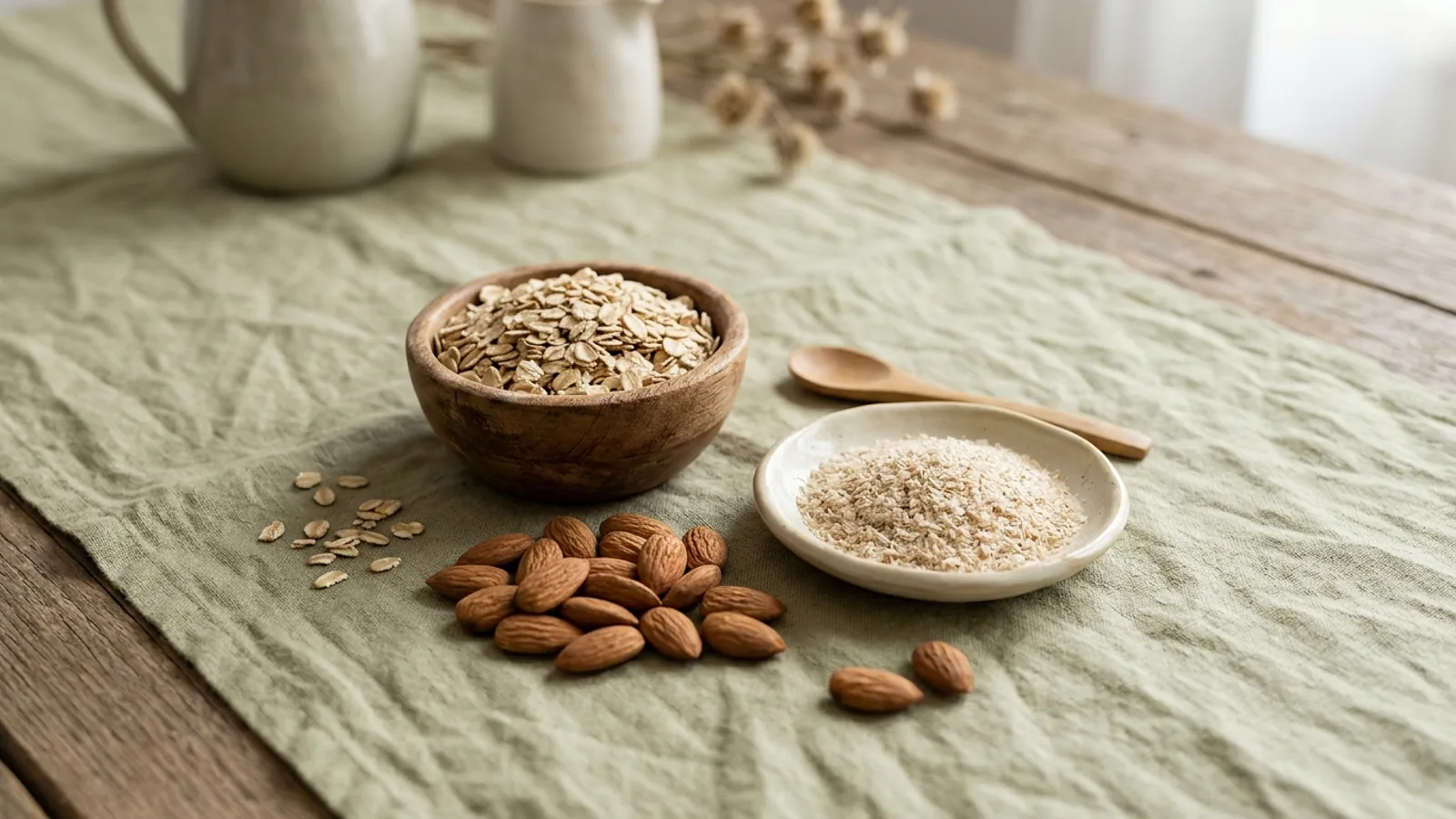 Oats, a handful of almonds and a small bowl of psyllium husk styled on a wooden table