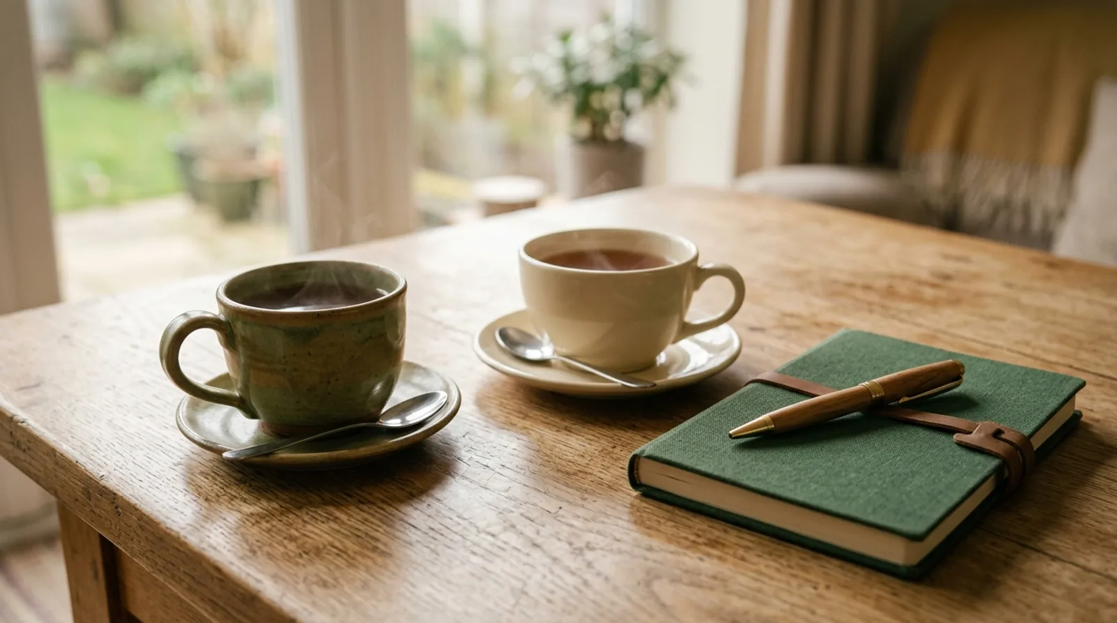 Two cups of tea and a green notebook with a pen on a warm wooden table