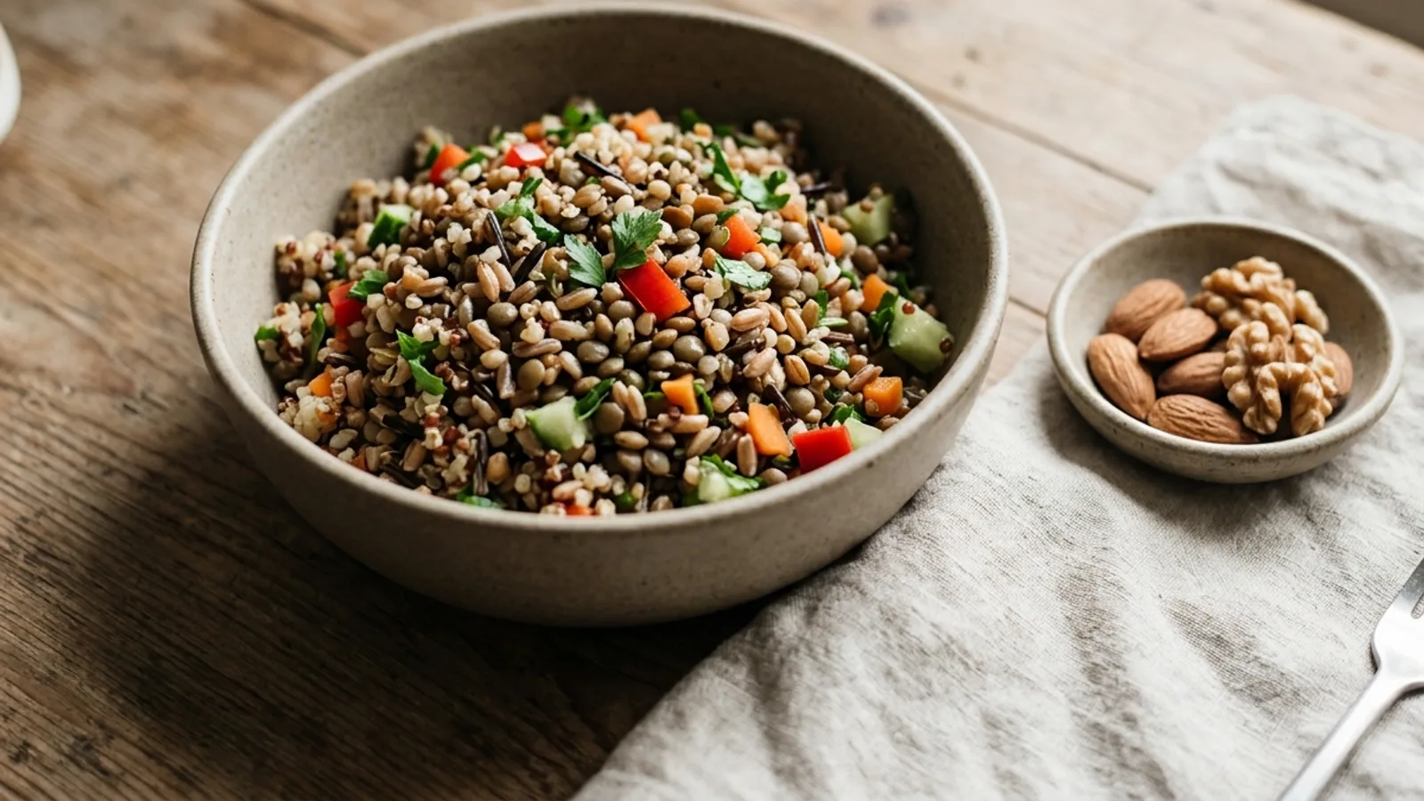 A bowl of mixed grains, lentils and vegetables beside a small dish of nuts on a wooden table