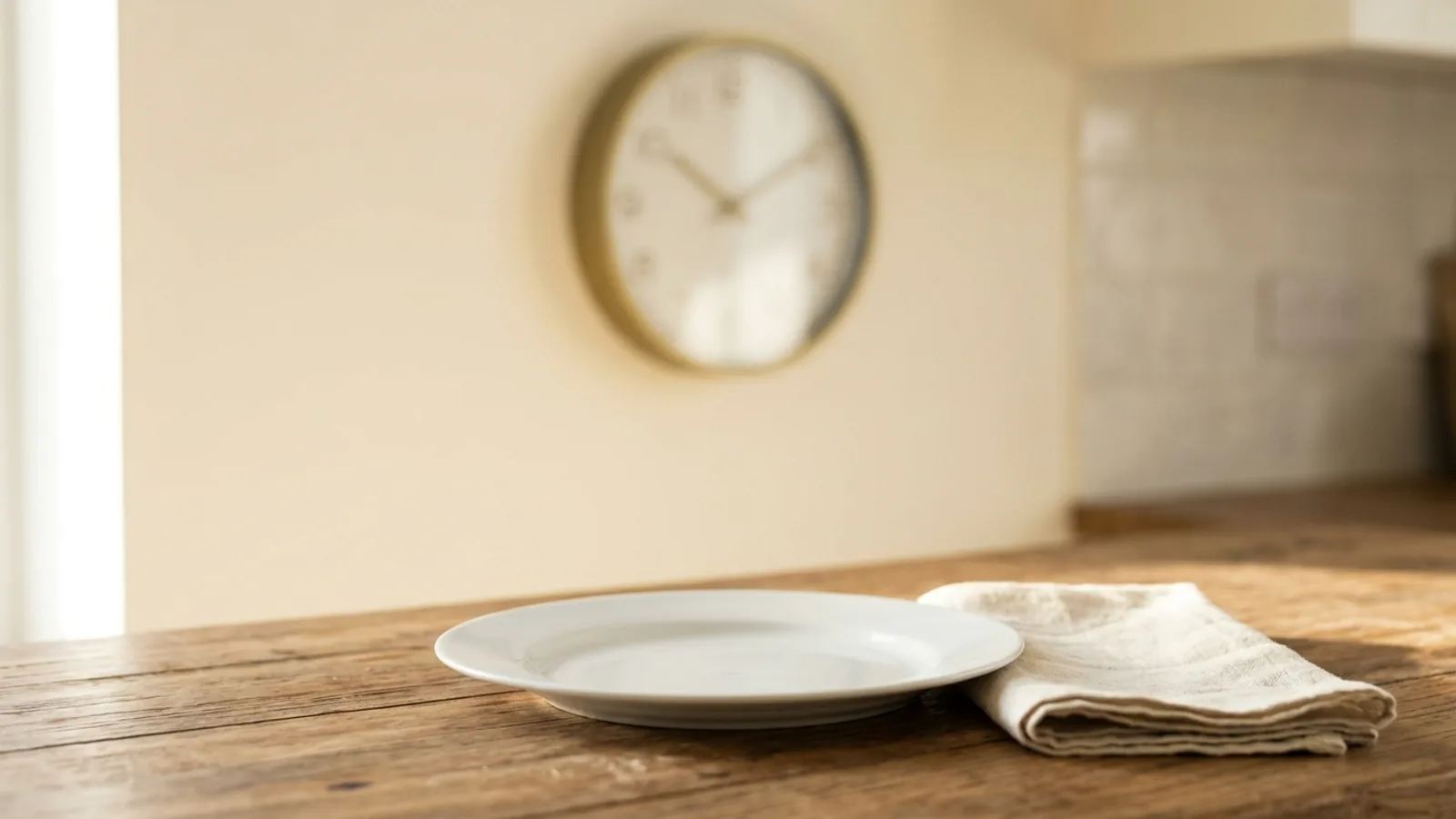 A clock beside an empty plate on a kitchen counter, symbolising an eating window