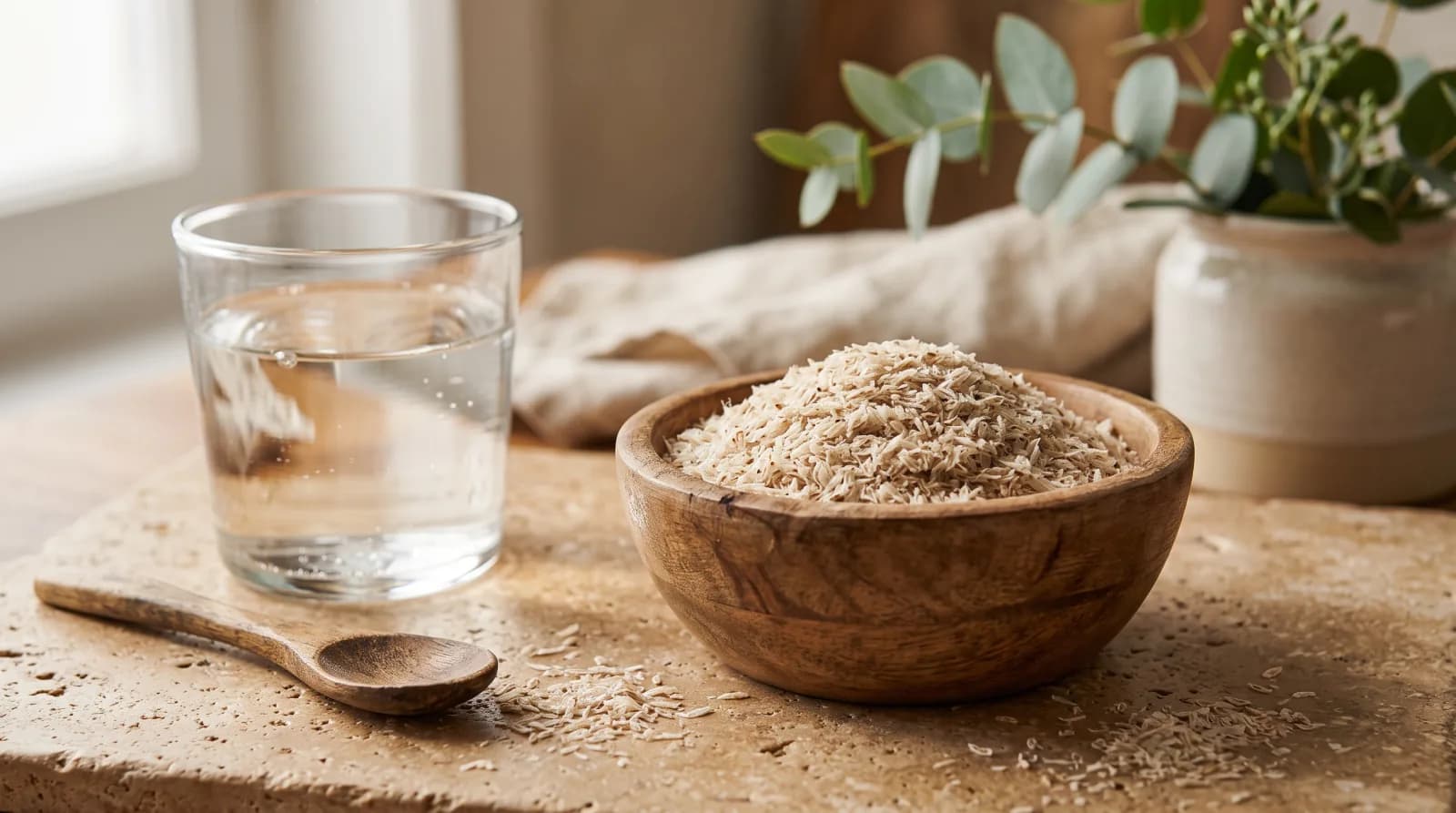 A wooden bowl of psyllium husk (isabgol) beside a glass of water and a wooden spoon