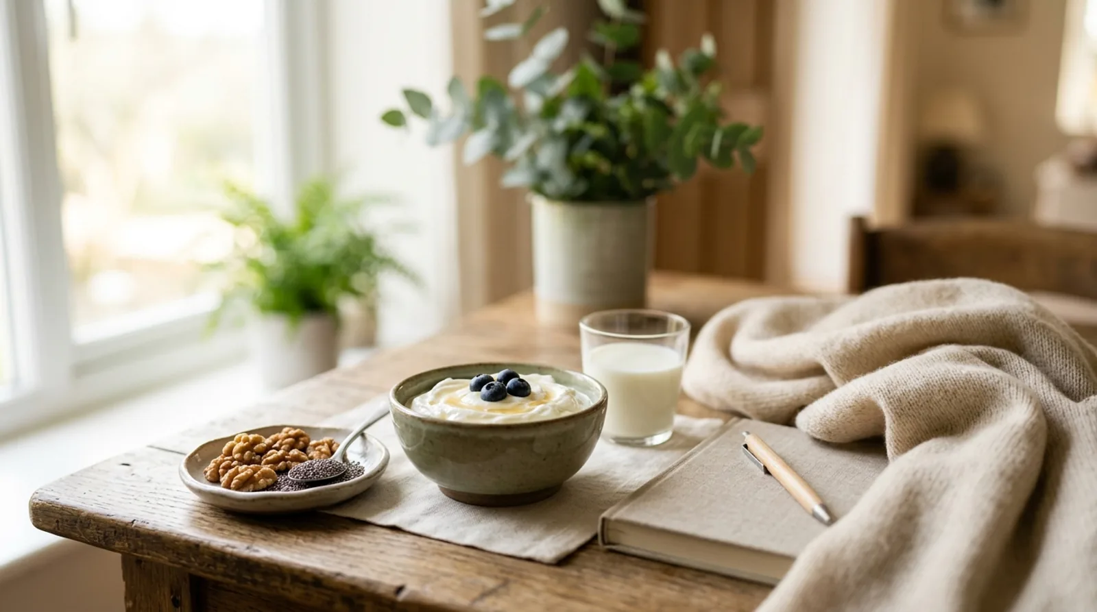 A bowl of yogurt with blueberries, walnuts, chia seeds and a glass of milk styled on a wooden table