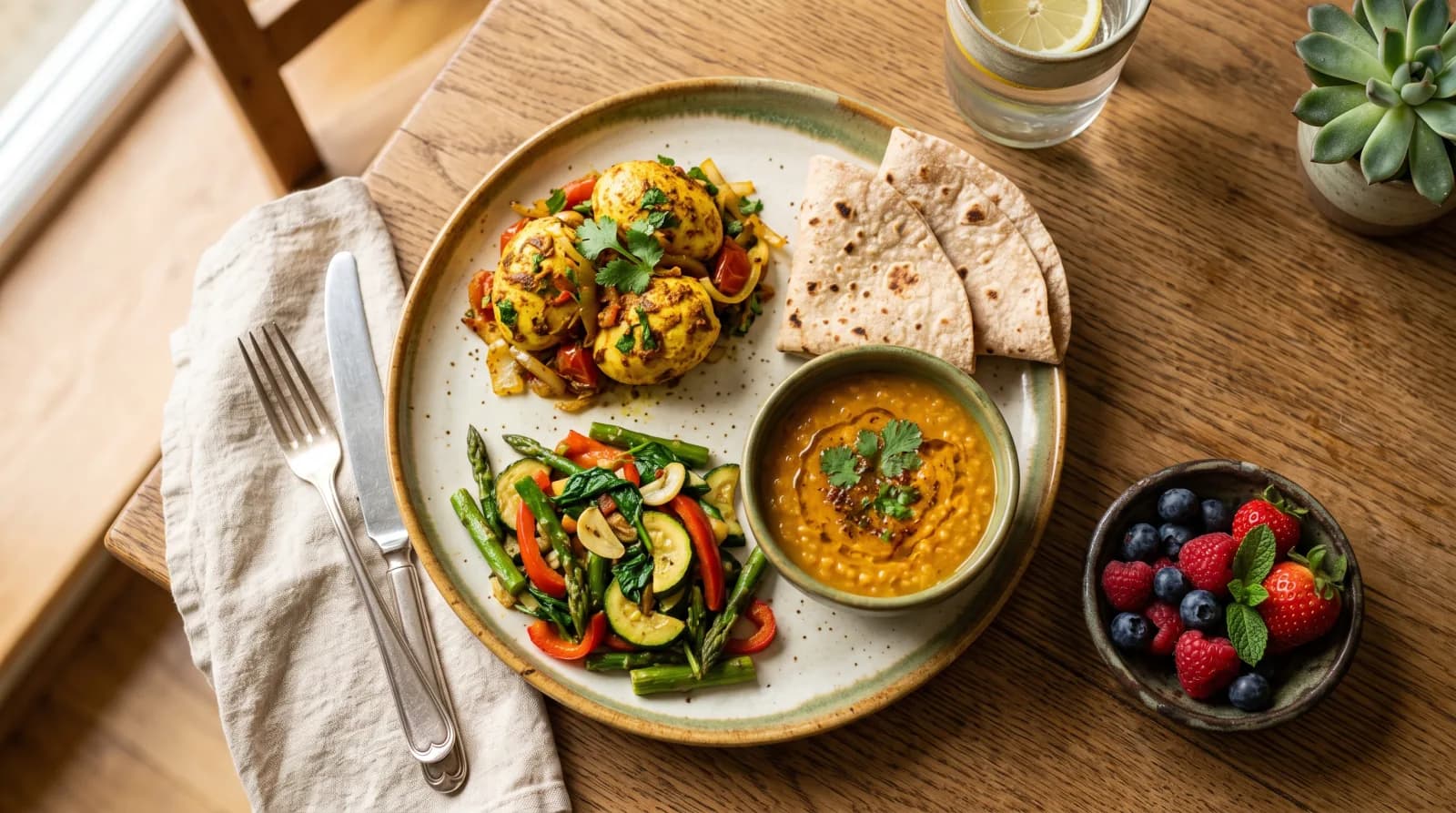 A balanced PCOS-friendly plate with eggs, vegetables, roti and a small bowl of berries