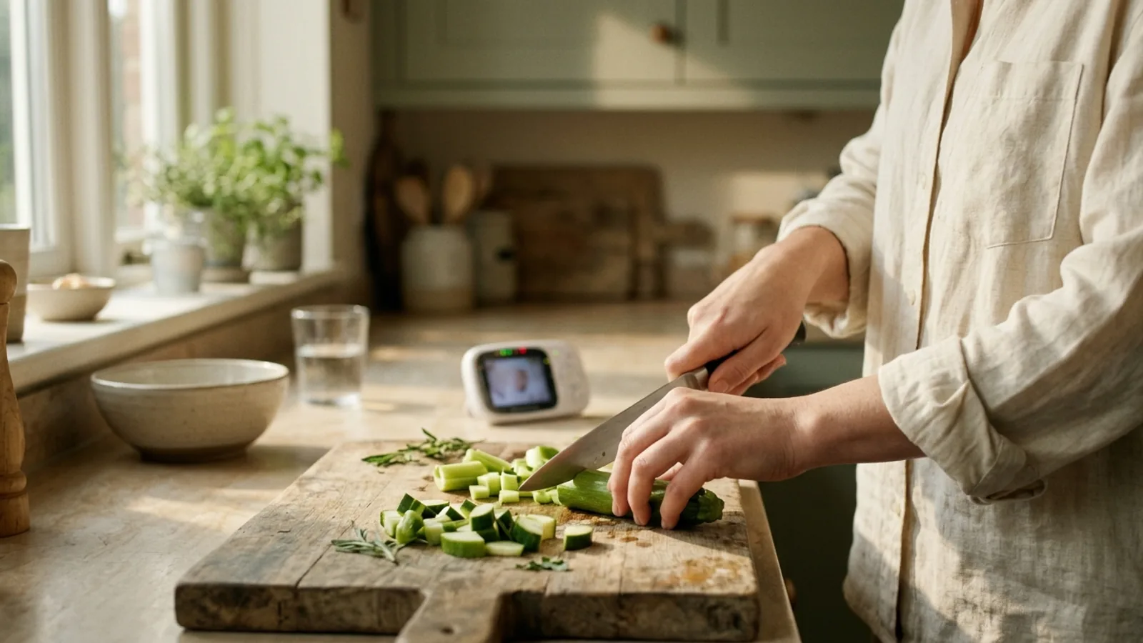 A woman preparing a simple home-cooked meal in her kitchen with a baby monitor nearby