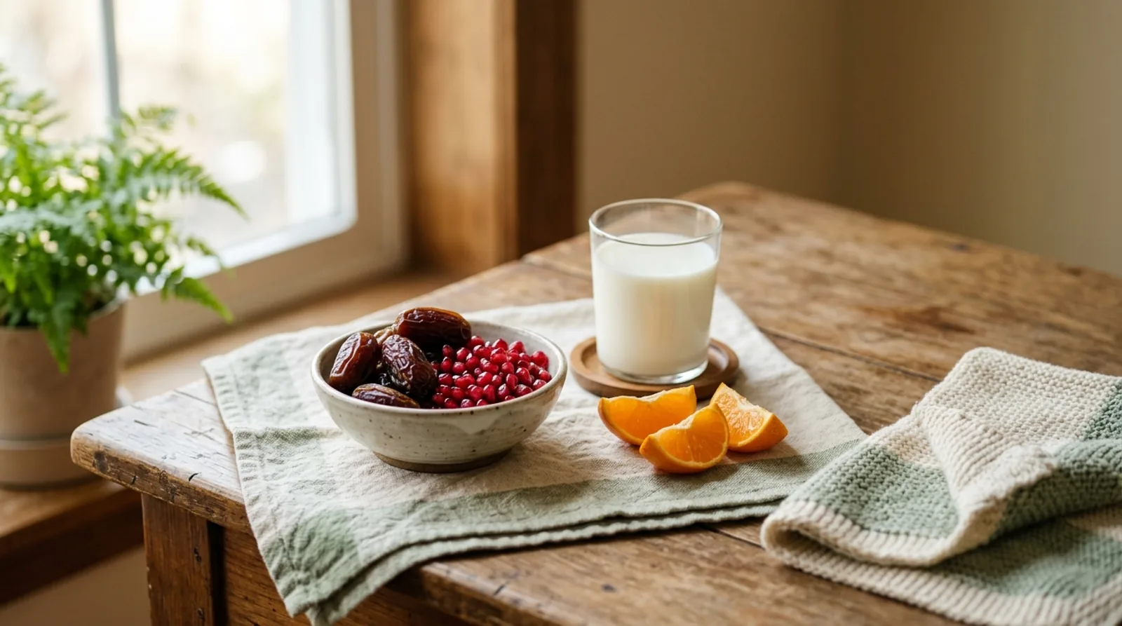 A bowl of dates and pomegranate seeds beside a glass of milk and citrus wedges on a wooden table