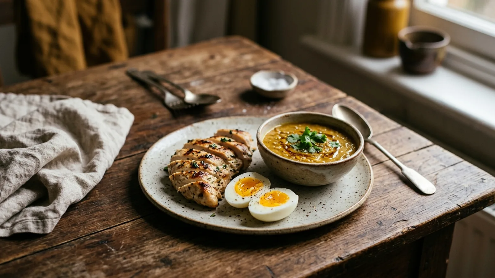 A plate with grilled chicken, a boiled egg and a small bowl of daal on a wooden table