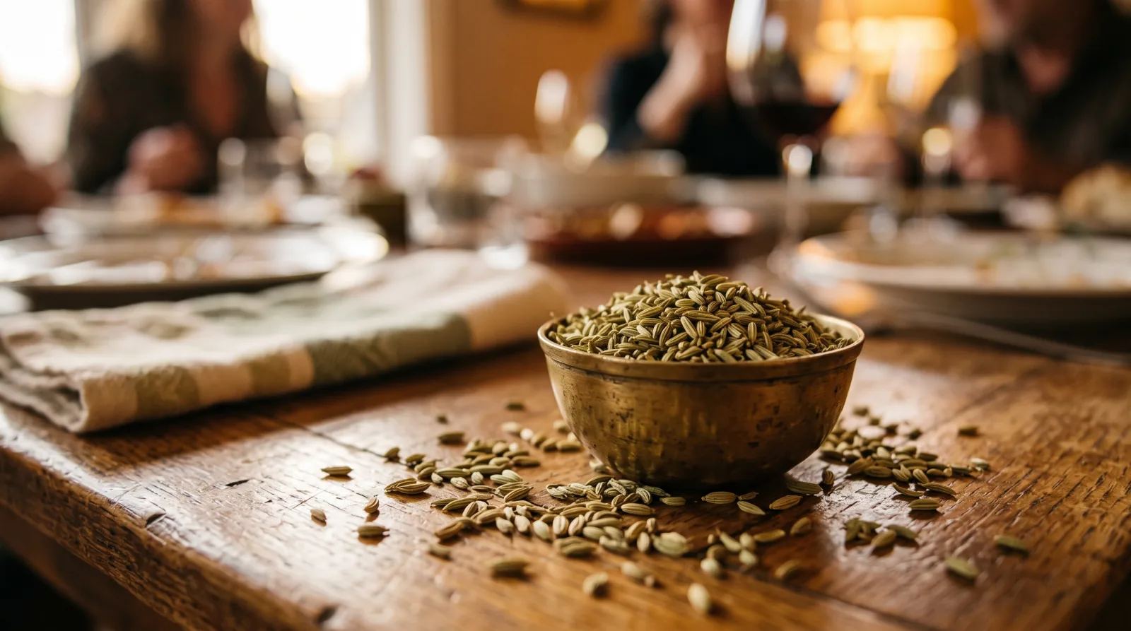 A small bowl of fennel seeds (saunf) on a wooden table after a meal