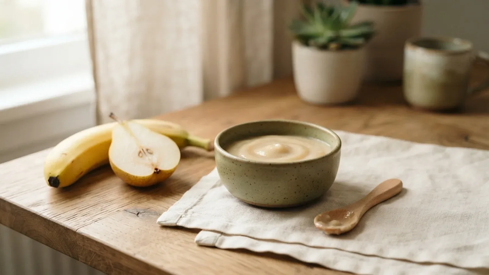 A small baby bowl of smooth pastel puree with a wooden spoon, a banana and a halved pear beside it