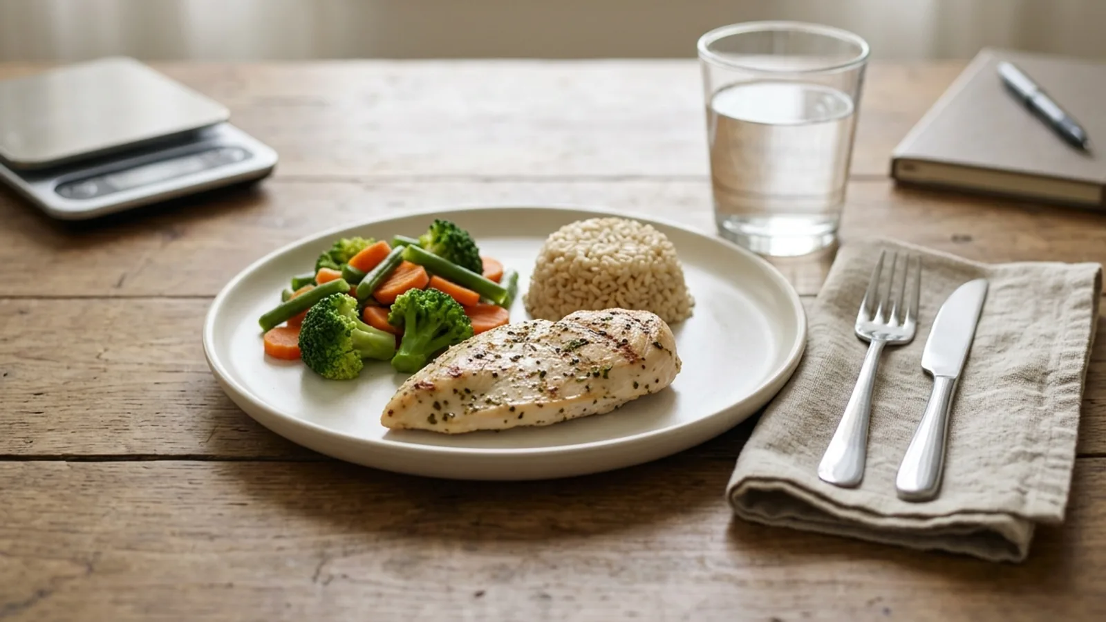 A simple plate of grilled protein, vegetables and a small portion of rice beside a glass of water on a wooden table