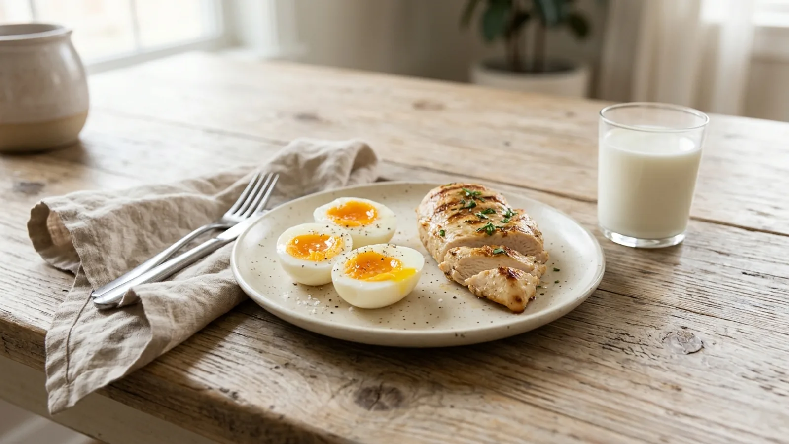 A plate of eggs, grilled chicken and a glass of milk on a wooden table, sources of vitamin B12