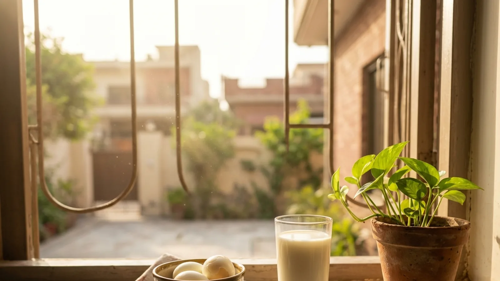 A glass of milk and a small bowl of eggs beside a sunlit window, with a blood test vial resting on the table