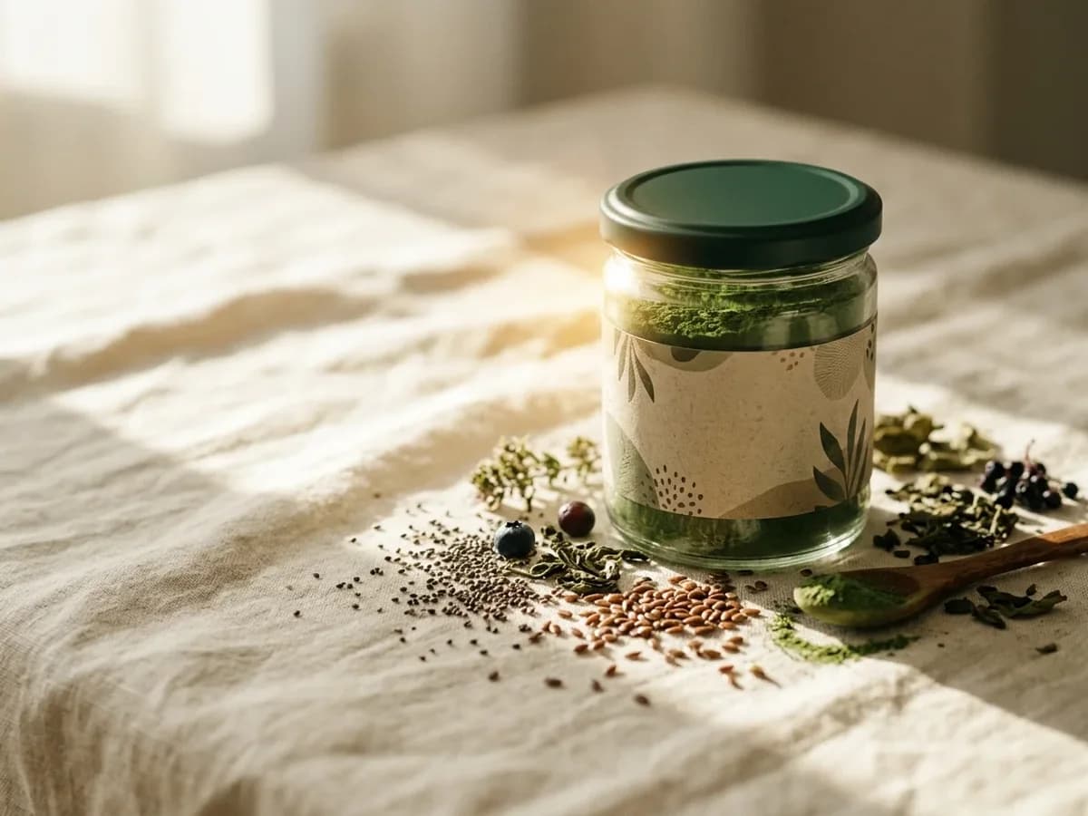 A jar of Weight Balance+ beside a stethoscope, white coat and notebook on a wooden desk