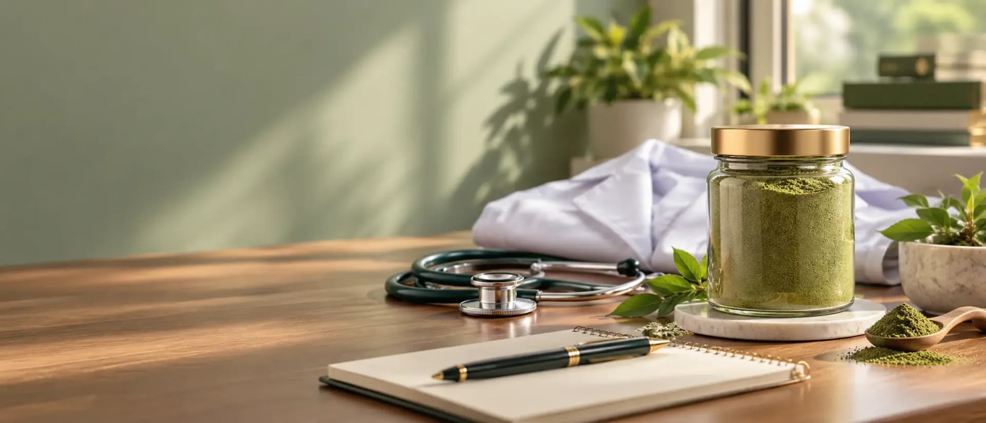 A jar of Weight Balance+ beside a stethoscope, white coat and notebook on a wooden desk