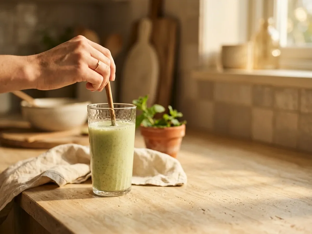 A hand stirring a glass of green superfood drink on a sunlit kitchen counter