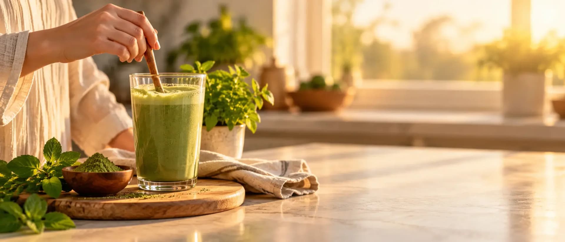 A hand stirring a glass of green superfood drink on a sunlit kitchen counter