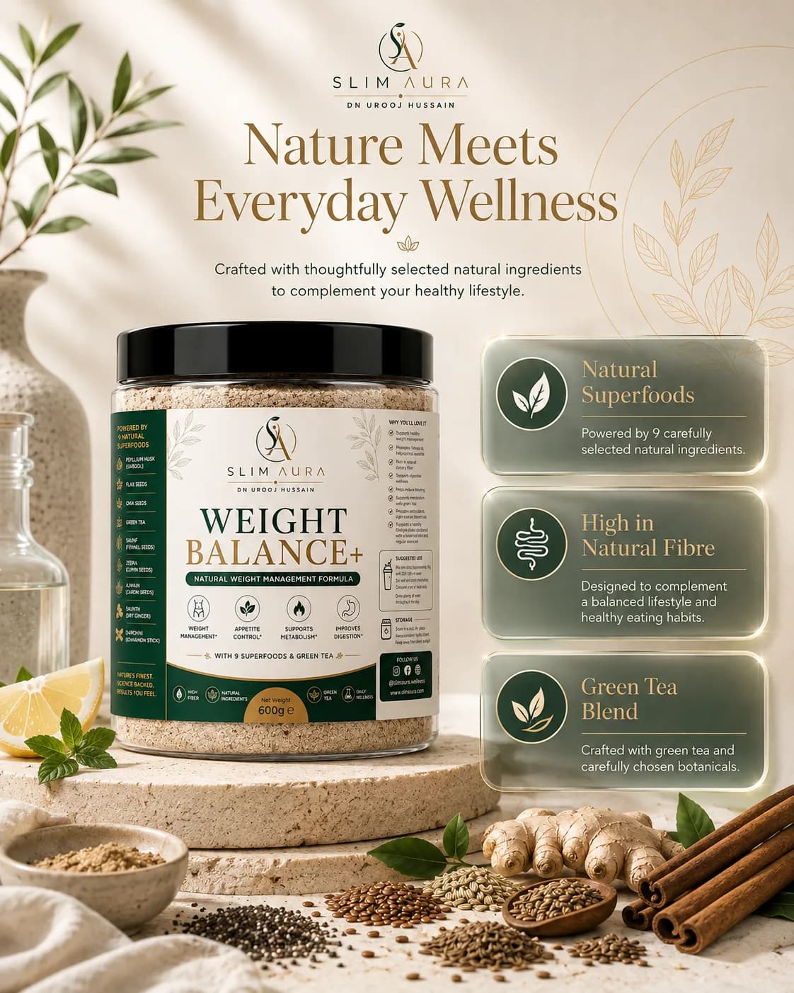 Natural fibre-rich ingredients arranged on a stone surface