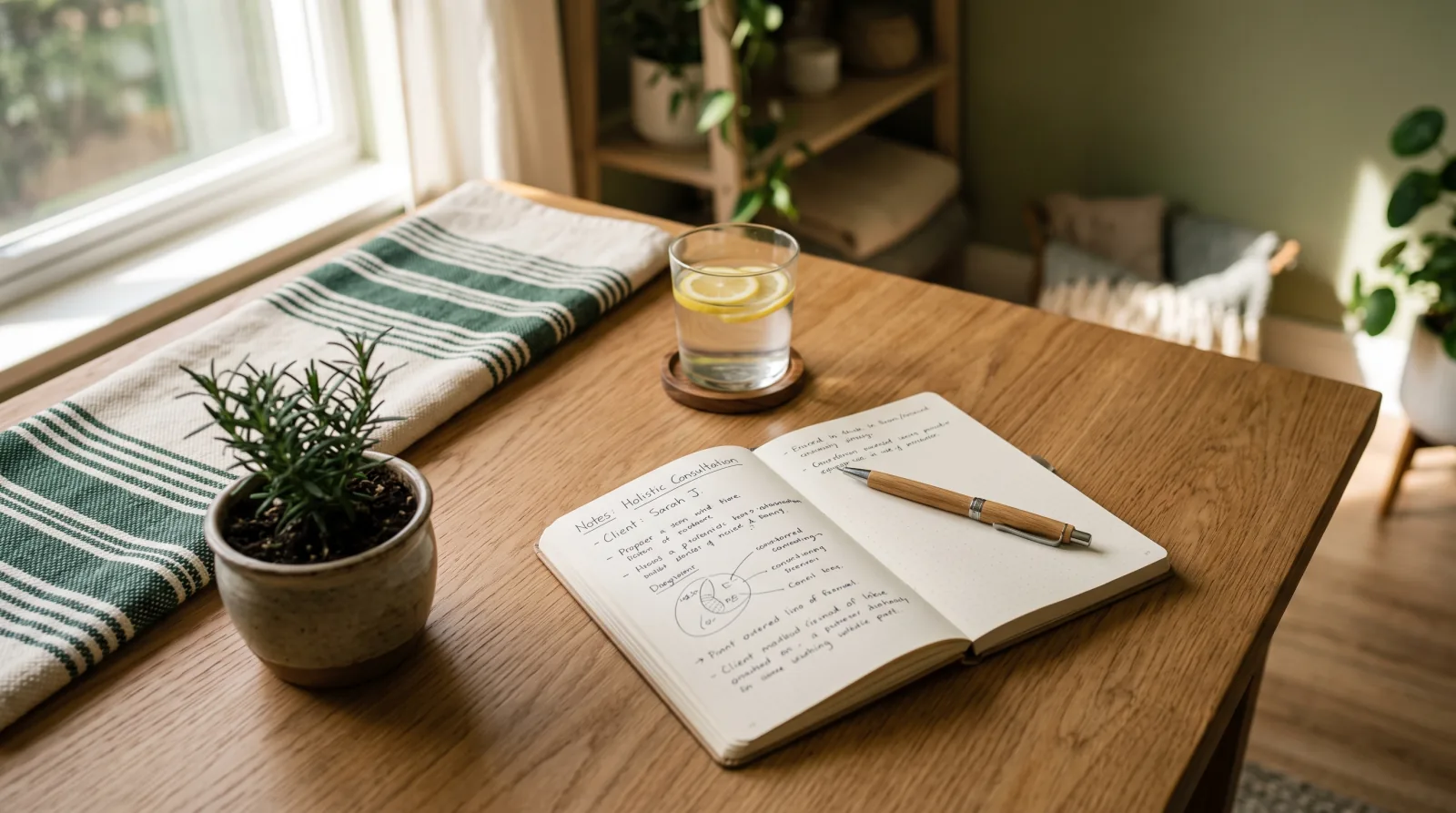 A calm wooden consultation desk with an open notebook, a glass of water with lemon, and a small potted herb in soft natural light