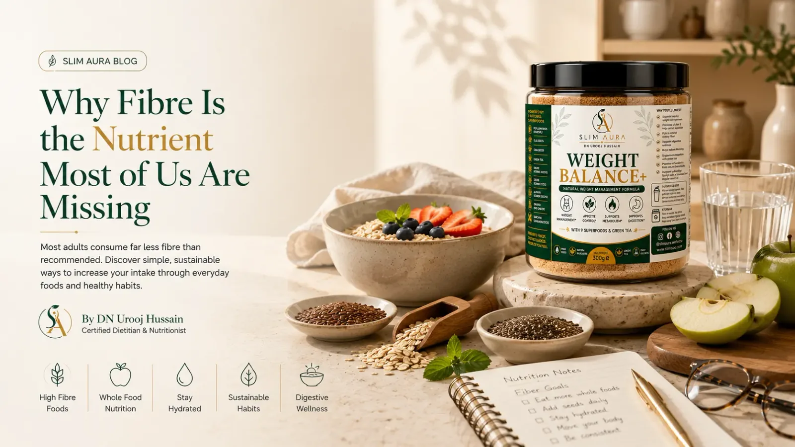 Bloating and digestive comfort — a calm kitchen scene with whole fibre foods, oats and a water glass styled alongside Weight Balance+