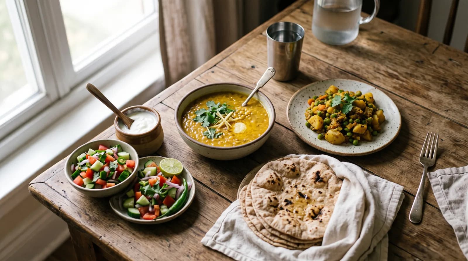 A home-cooked Pakistani meal of daal, sabzi, roti and salad on a wooden table