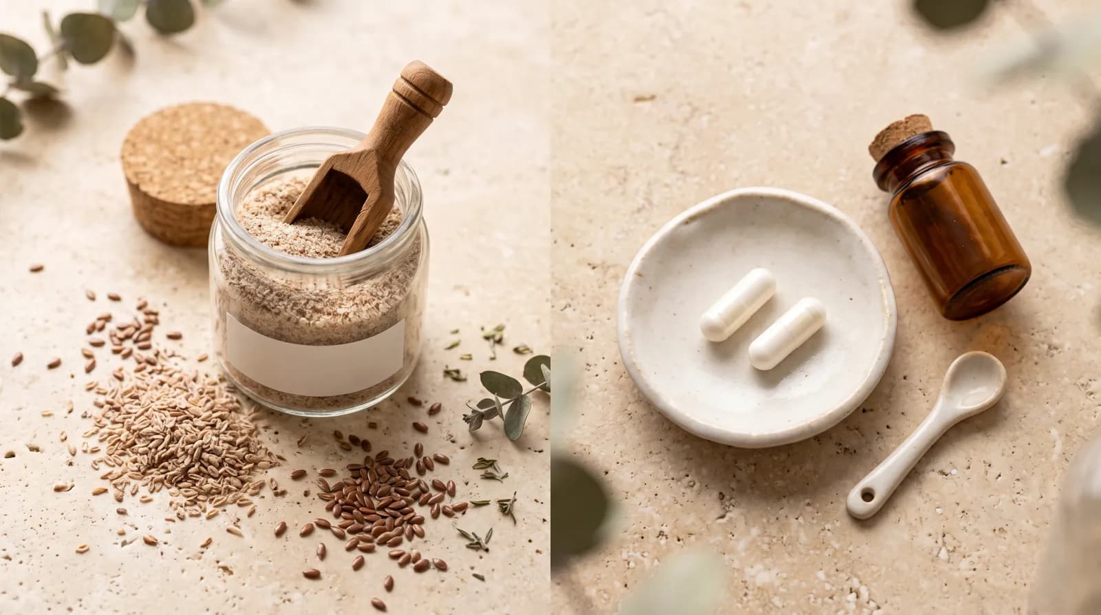 A side-by-side comparison of a natural fibre supplement jar and plain unmarked capsules on a stone surface