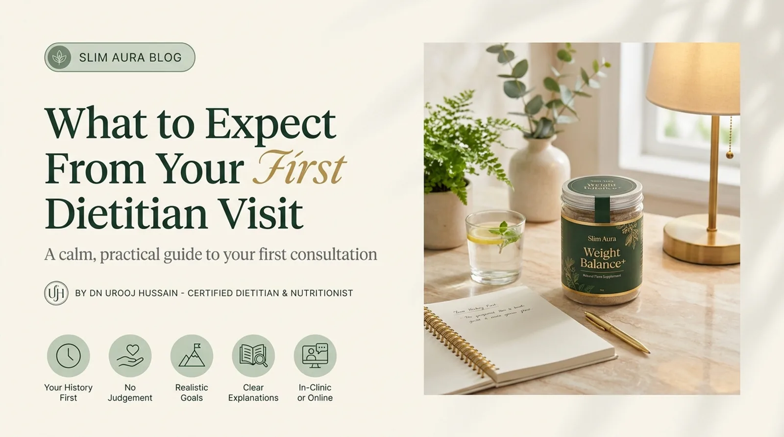 Editorial graphic: What to expect from your first dietitian visit — a calm, practical guide