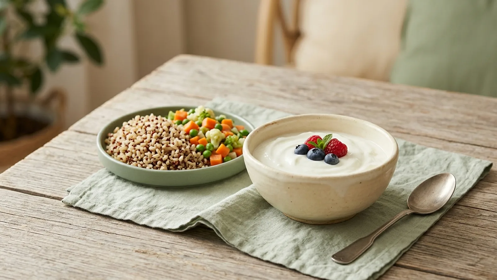 A bowl of plain yogurt with a small dish of mixed vegetables and whole grains on a wooden table