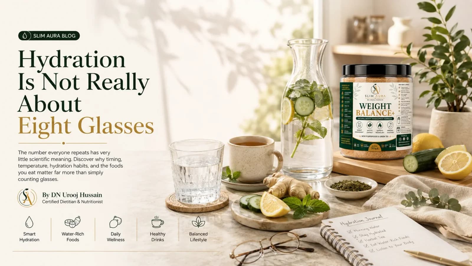 Hydration is not really about eight glasses — infused water, tea and lemon styled on a sunlit kitchen counter