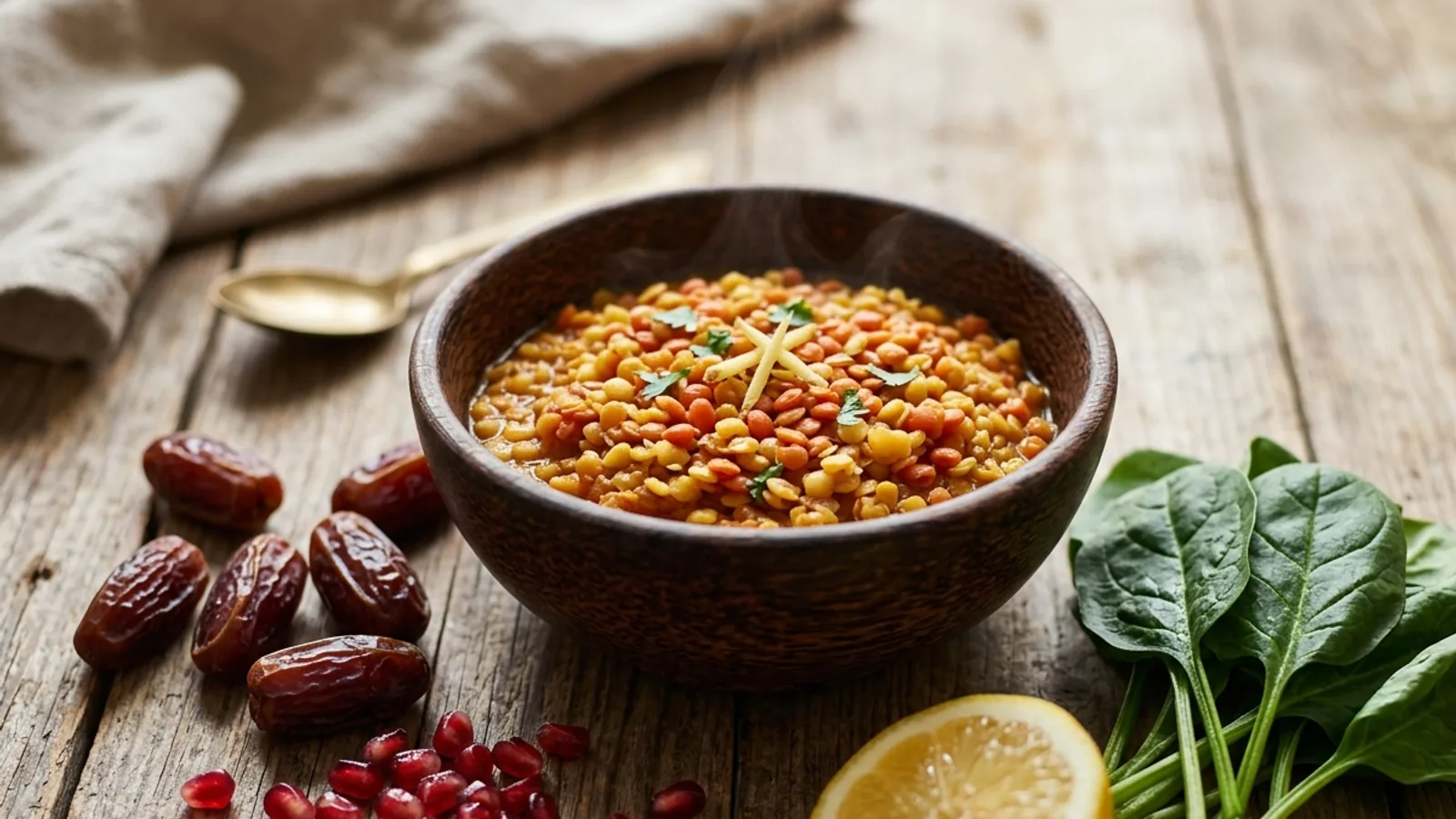 A bowl of lentils and spinach beside dates, pomegranate seeds and a halved lemon on a wooden table
