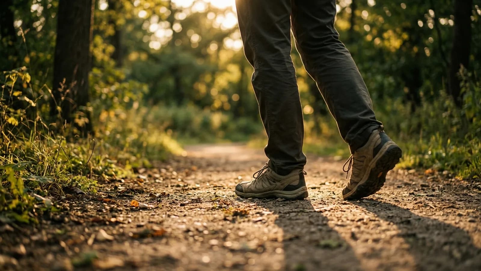 A person's legs and walking shoes on a park path at golden hour, suggesting daily movement