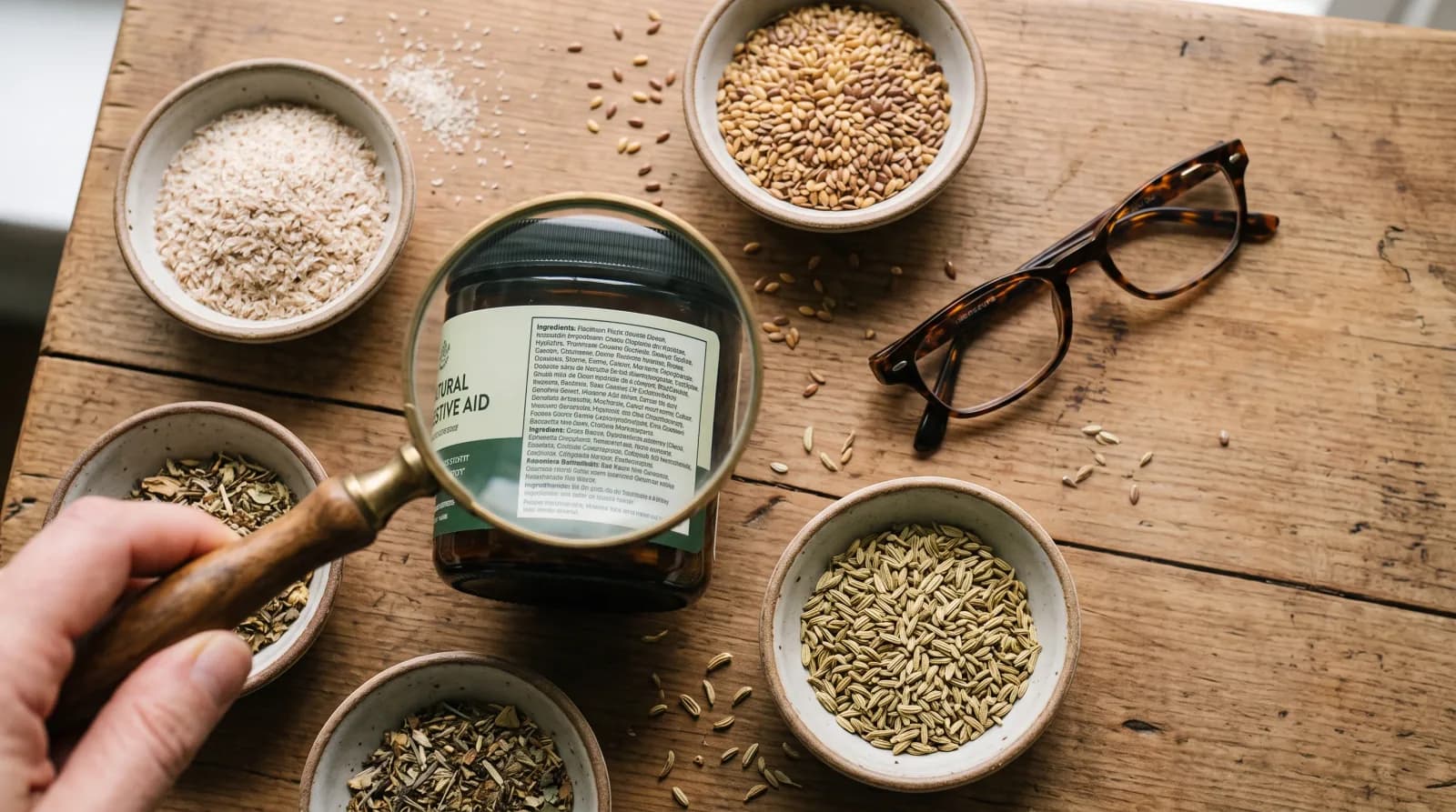 A magnifying glass held over a supplement label, surrounded by bowls of whole-food ingredients and reading glasses