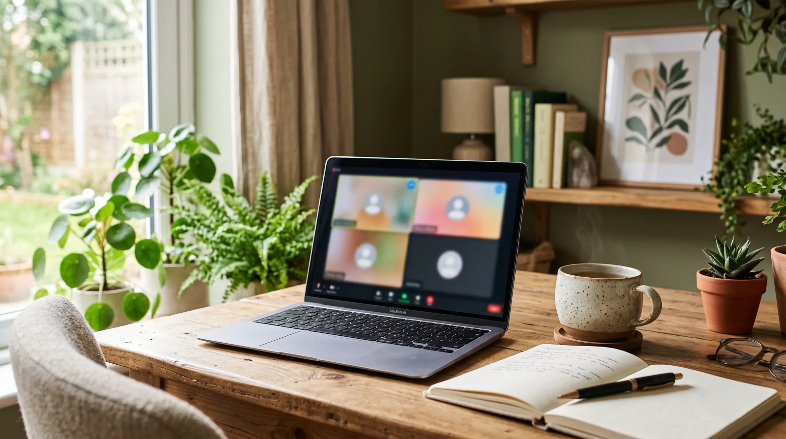 A laptop open on a wooden desk showing a video call, beside a notebook and a cup of tea