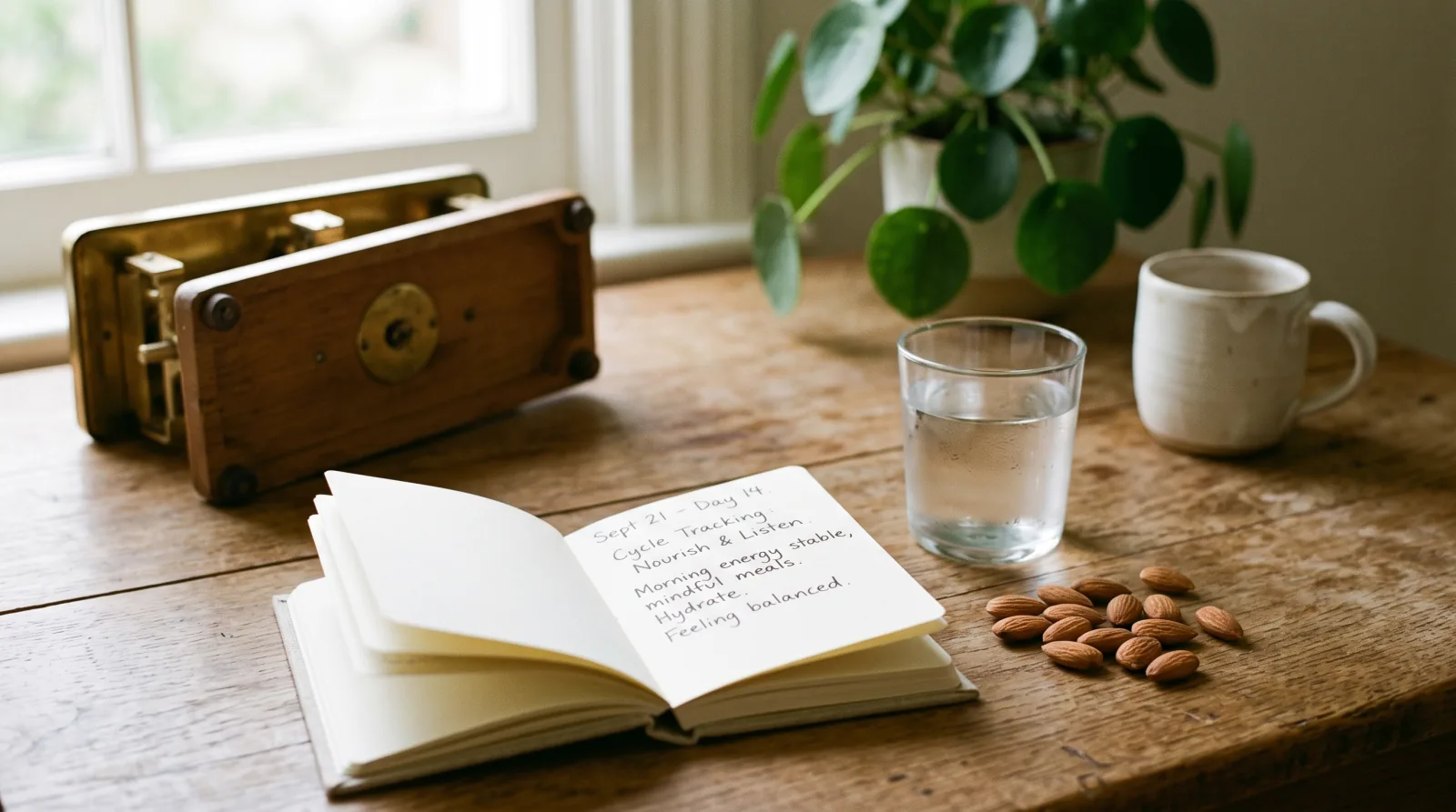 A cycle-tracking journal, a glass of water and a small pile of almonds on a wooden desk