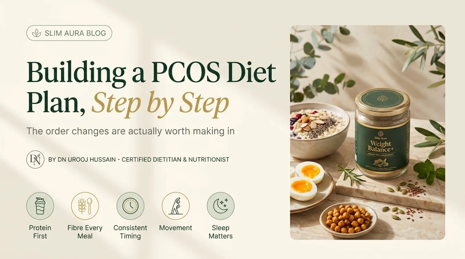 Editorial graphic: Building a PCOS diet plan, step by step — the order changes are worth making in