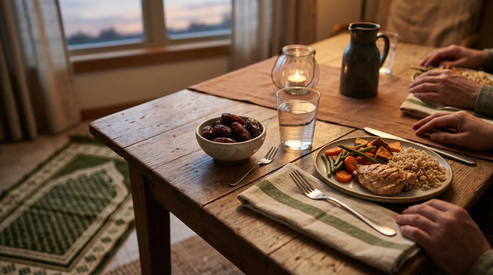 An iftar table set with dates, water and a modest plate of food at dusk