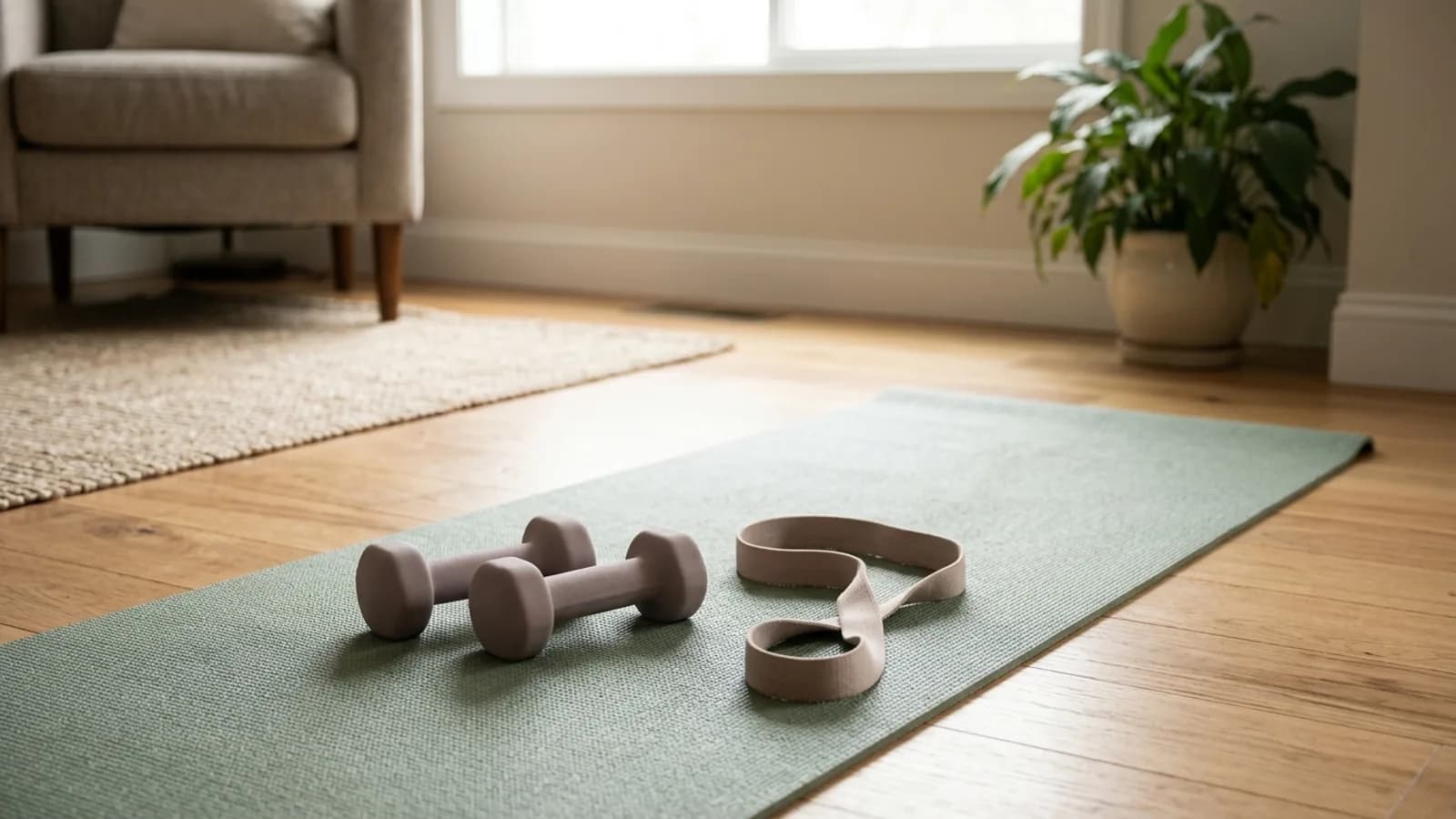 A pair of light dumbbells and a resistance band laid out on a yoga mat at home