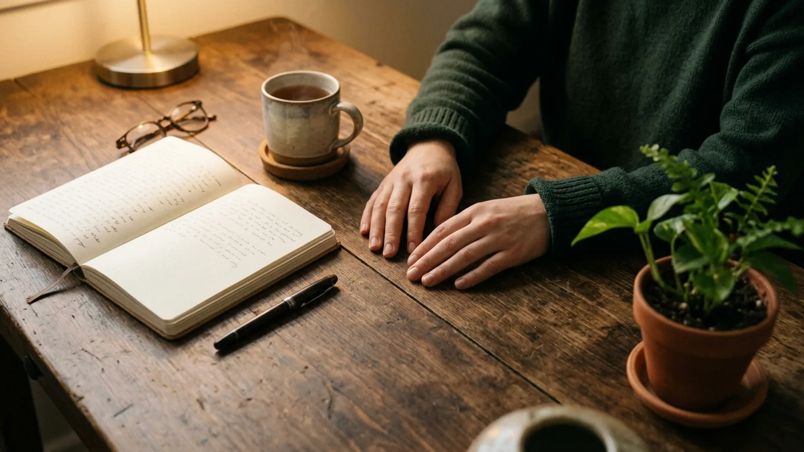 A person's hands resting on a desk beside a journal, a cup of tea and a plant, soft calm lighting