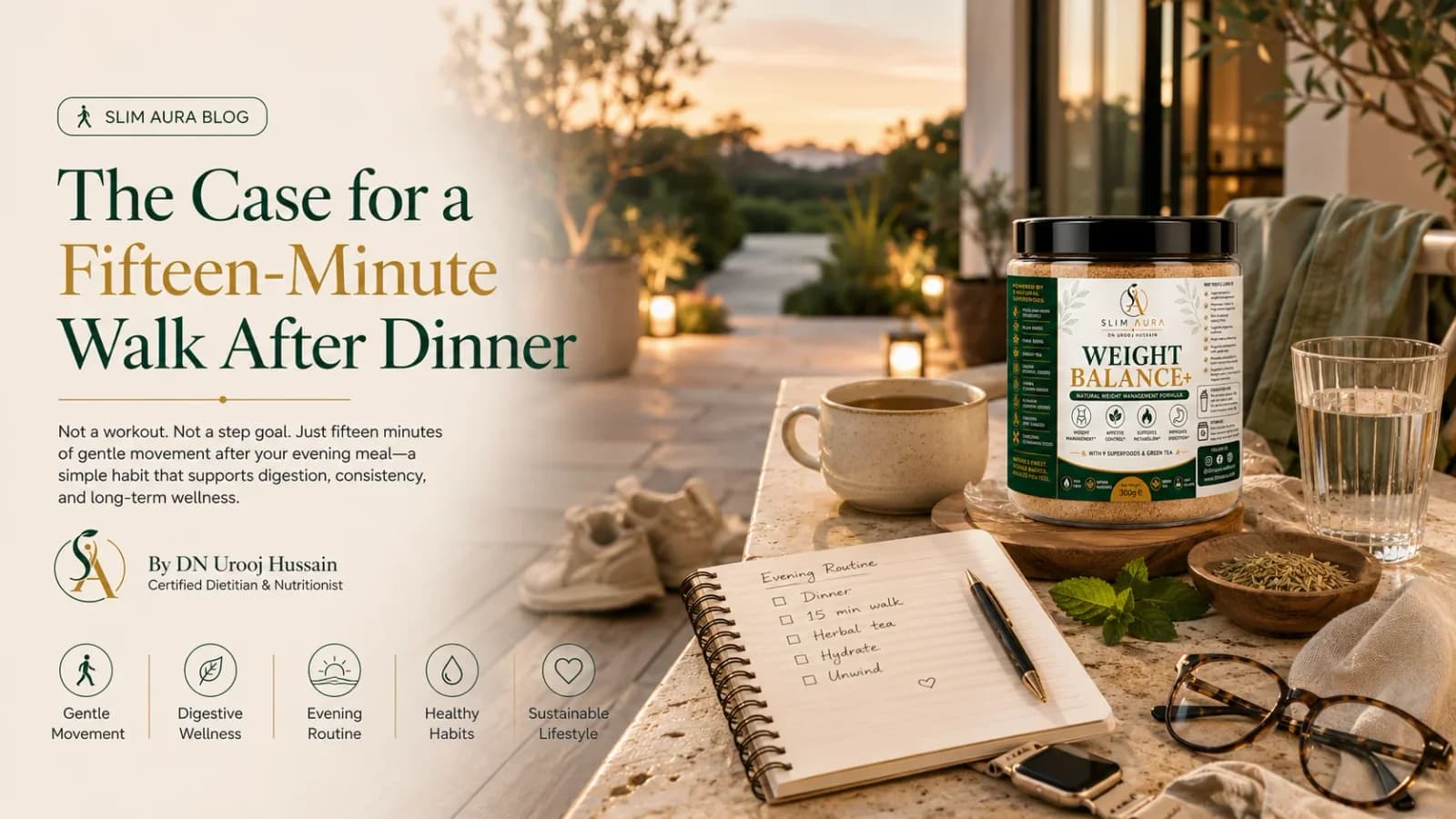 The case for a fifteen-minute walk after dinner — an evening terrace scene with walking shoes and an evening-routine notebook
