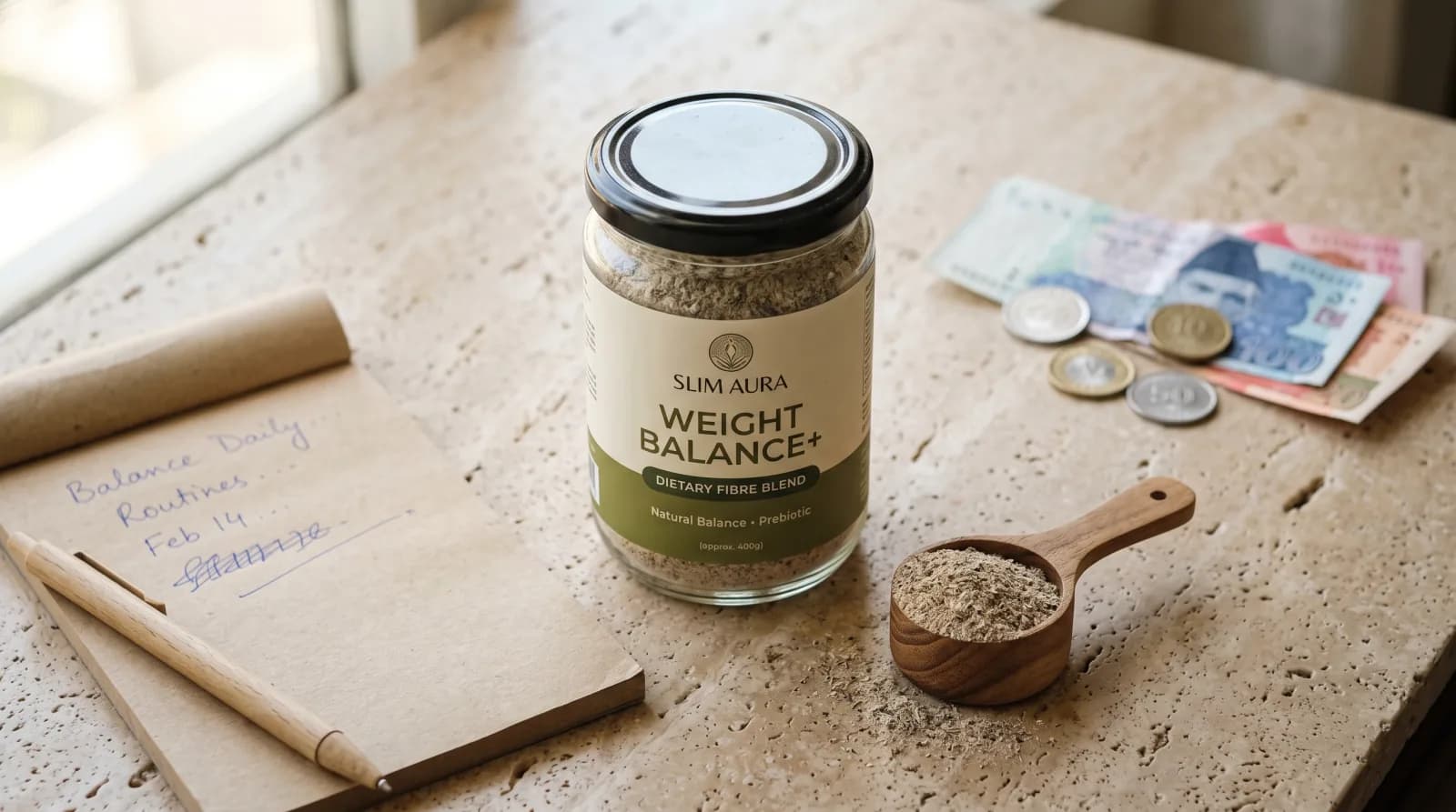 Slim Aura Weight Balance+ jar styled with a wooden scoop, a notepad and Pakistani rupee notes on a stone surface