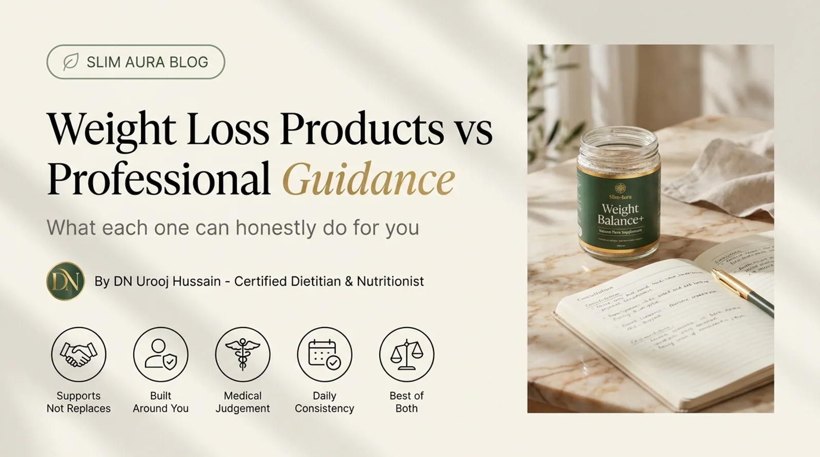 Editorial graphic: Weight loss products vs professional guidance — what each one can honestly do for you