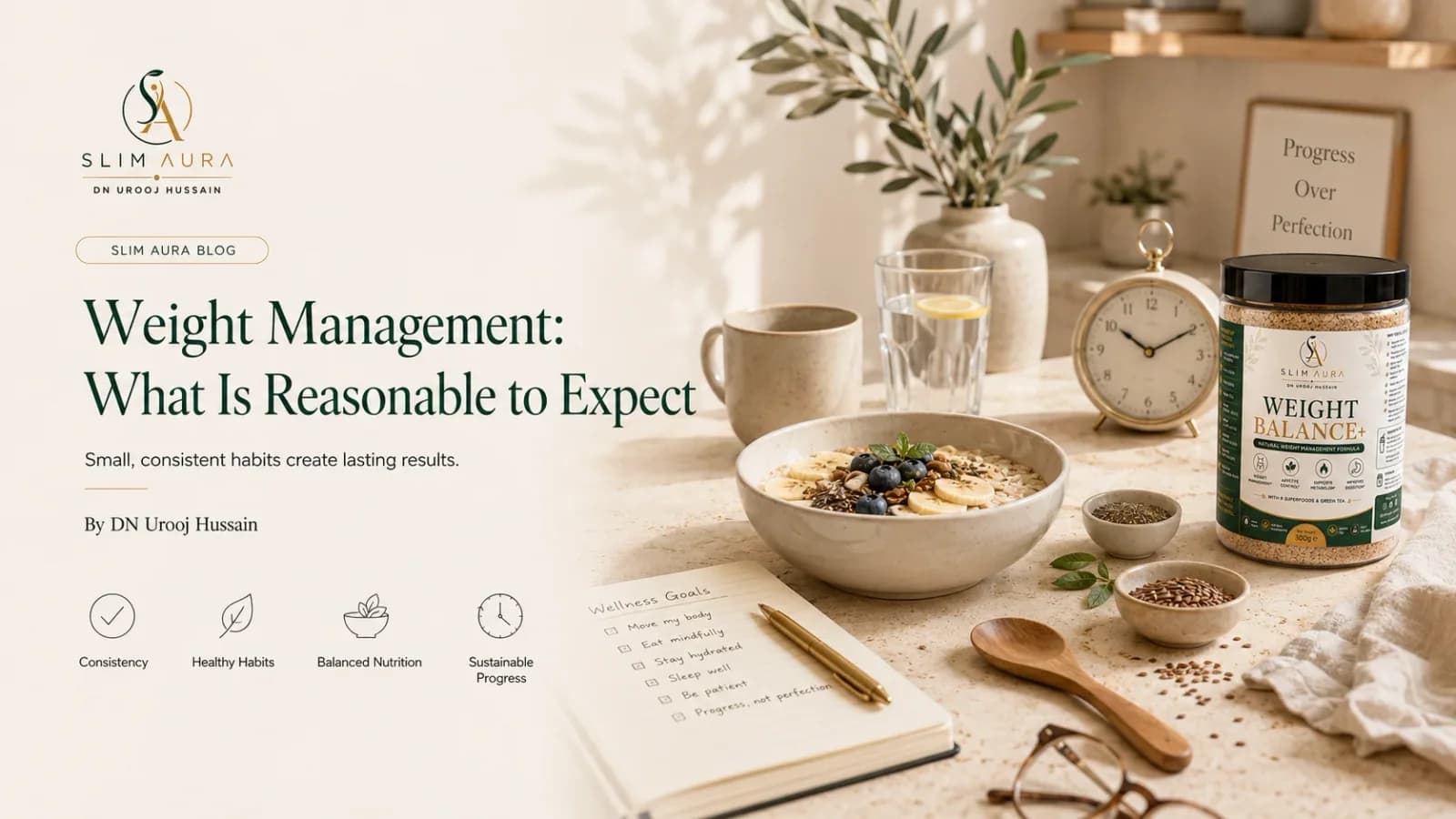 Weight management: what is reasonable to expect — a breakfast bowl, journal and clock styled on a sunlit counter