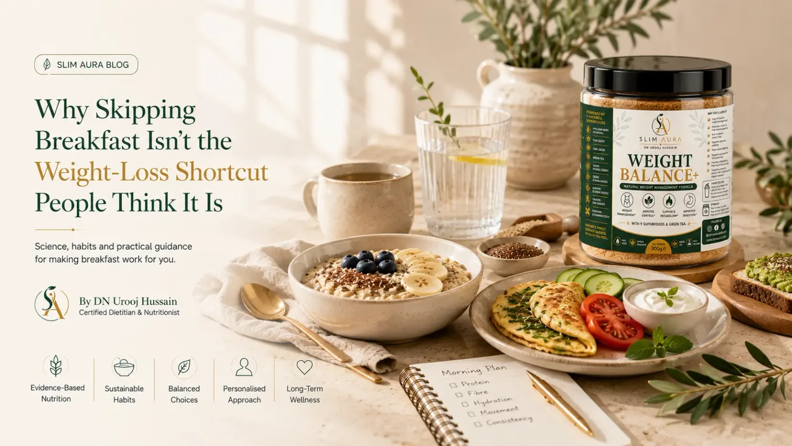 Why skipping breakfast isn't the weight-loss shortcut people think — a breakfast spread of oats, eggs and a besan chilla styled with Weight Balance+