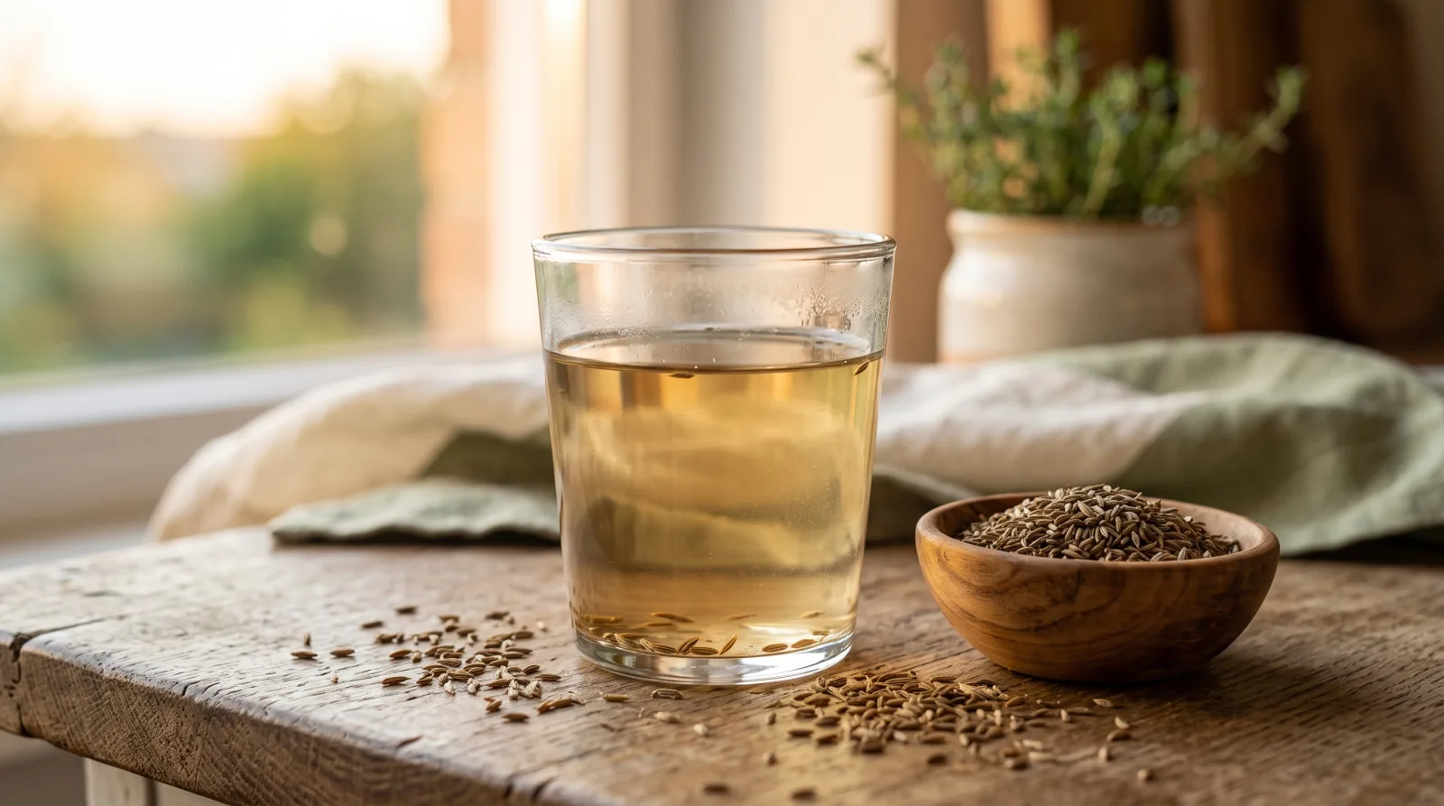 A glass of golden cumin-infused zeera water beside a small wooden bowl of whole cumin seeds