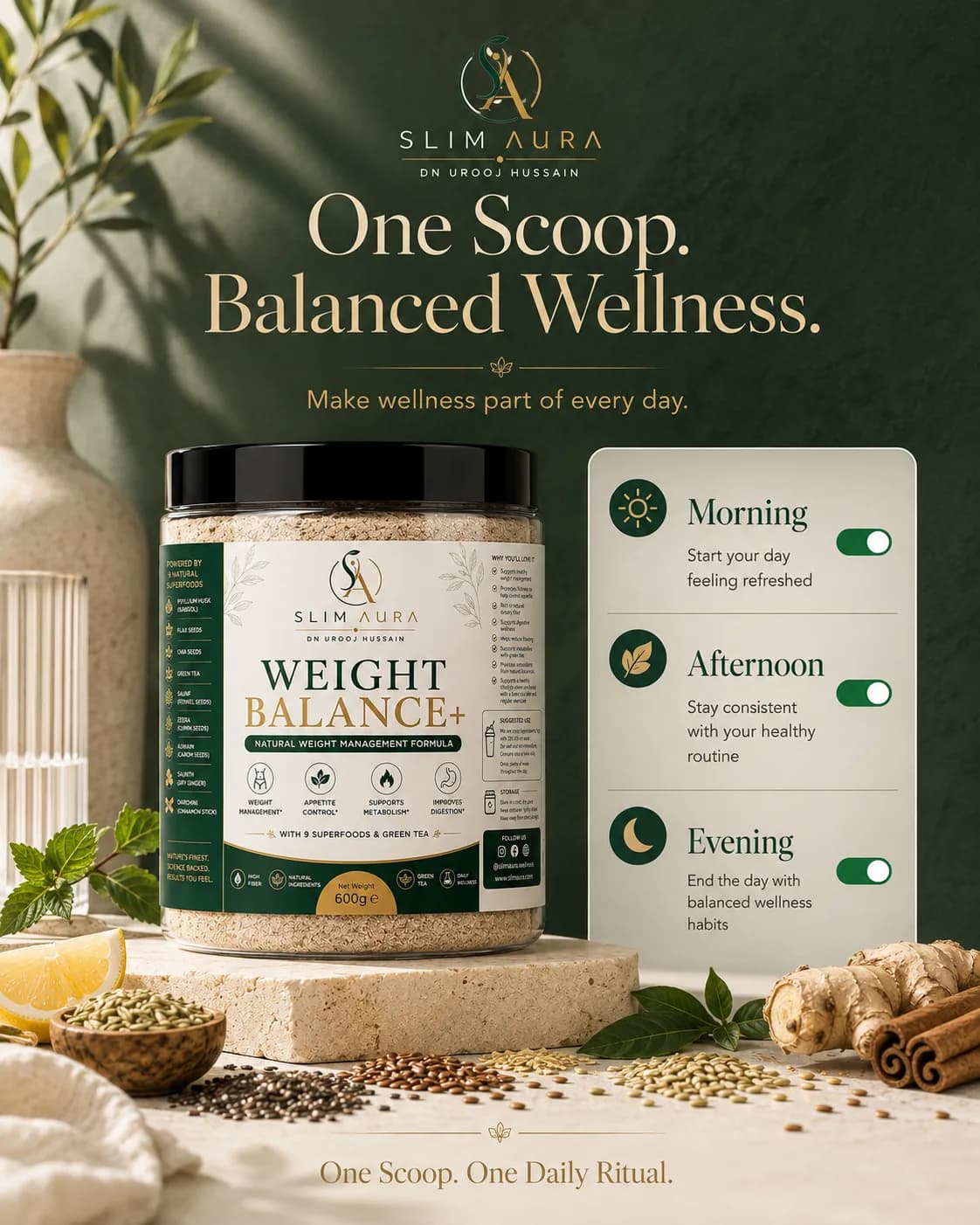 Slim Aura Weight Balance+ presented as a morning, afternoon and evening routine