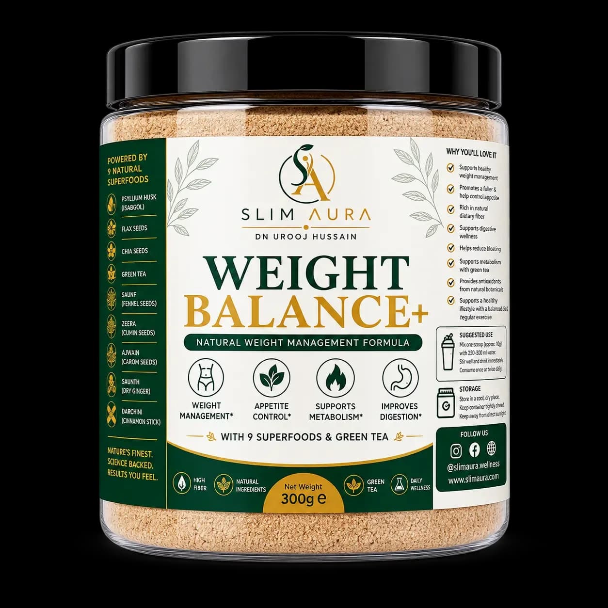 Slim Aura Weight Balance+ 300g jar, front label showing fennel among the nine superfoods