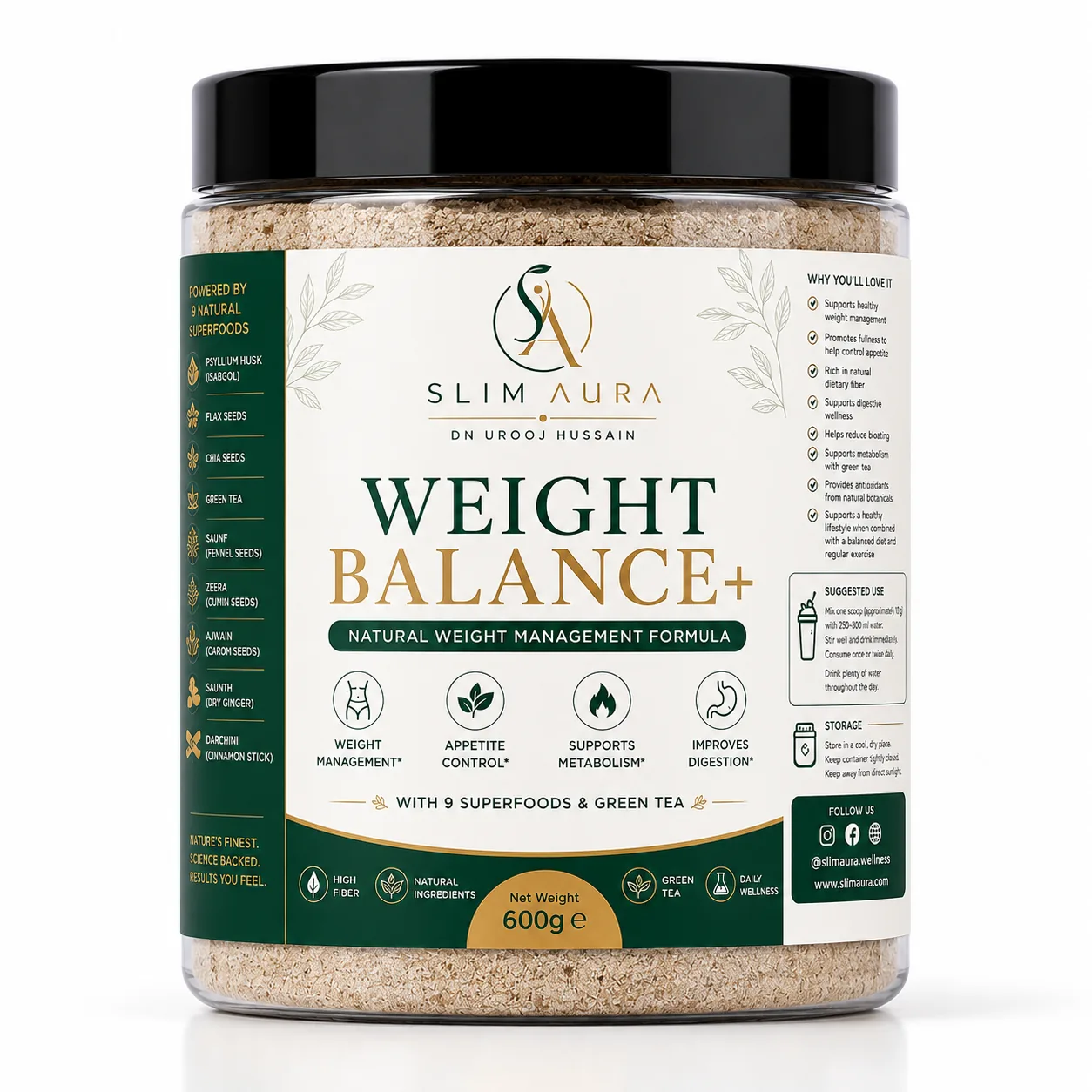 Slim Aura Weight Balance+ 600g jar, front label