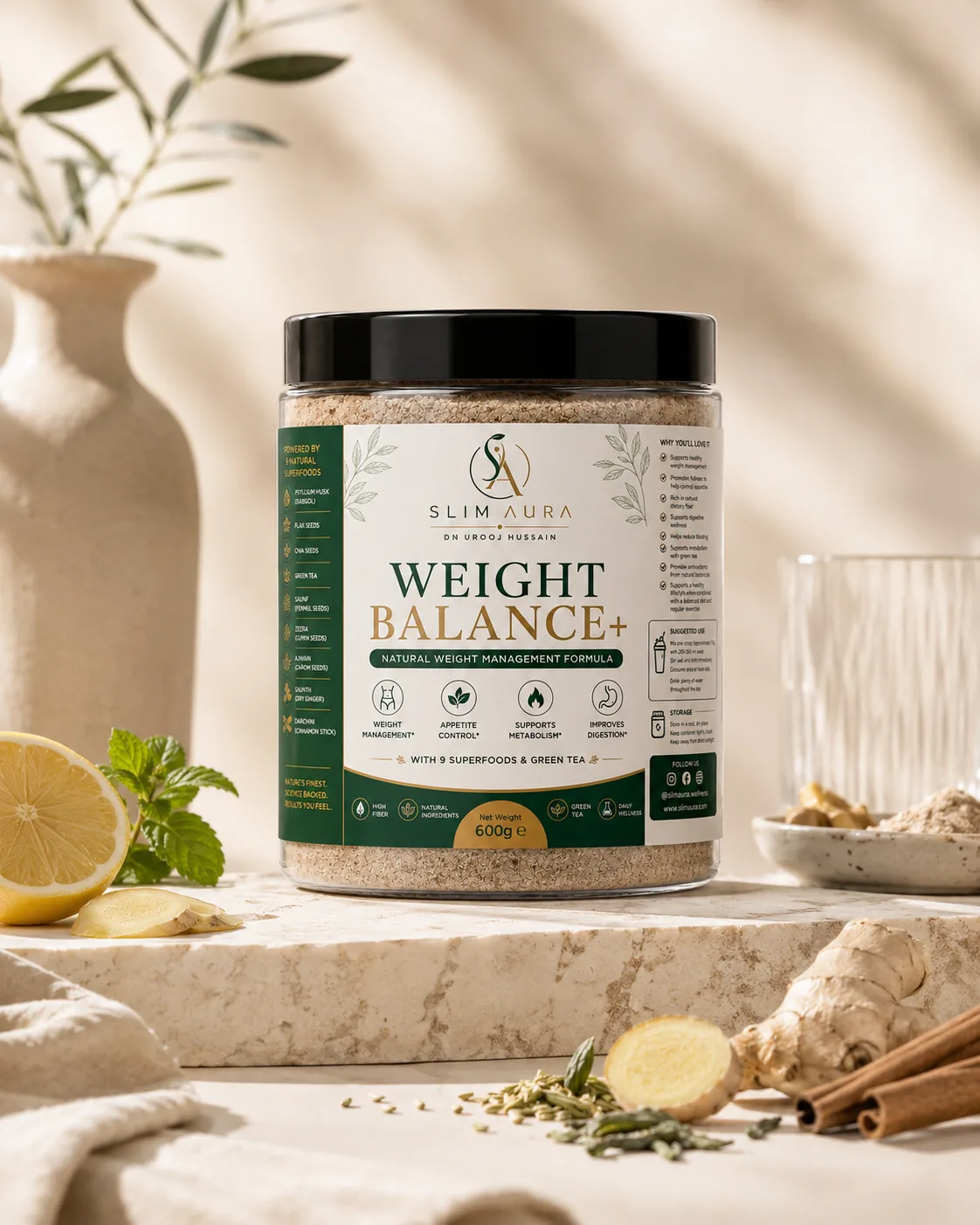 Slim Aura jar styled with its natural ingredients