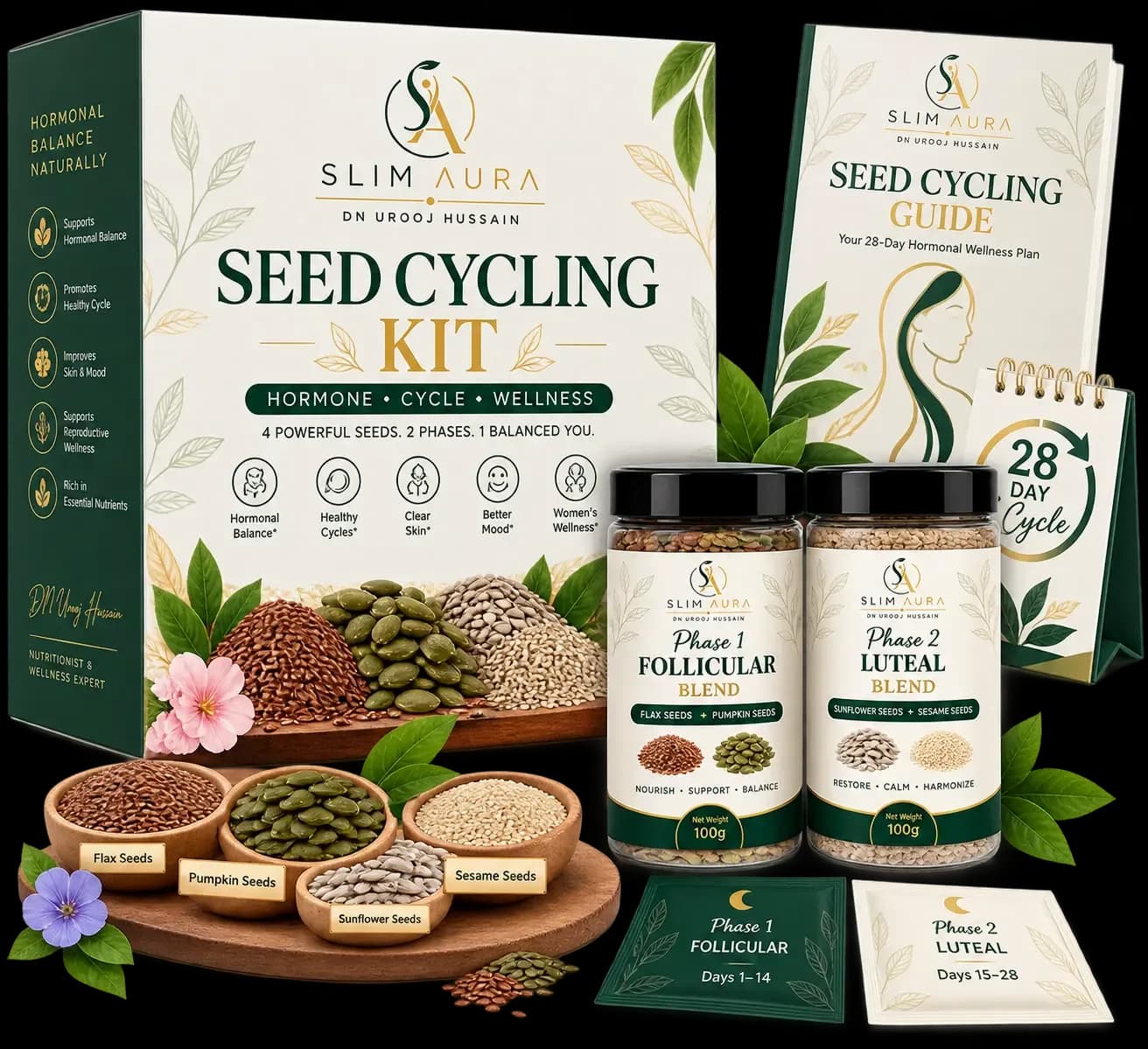 Slim Aura Seed Cycling Kit with Phase 1 and Phase 2 seed jars, guide, and tracking card